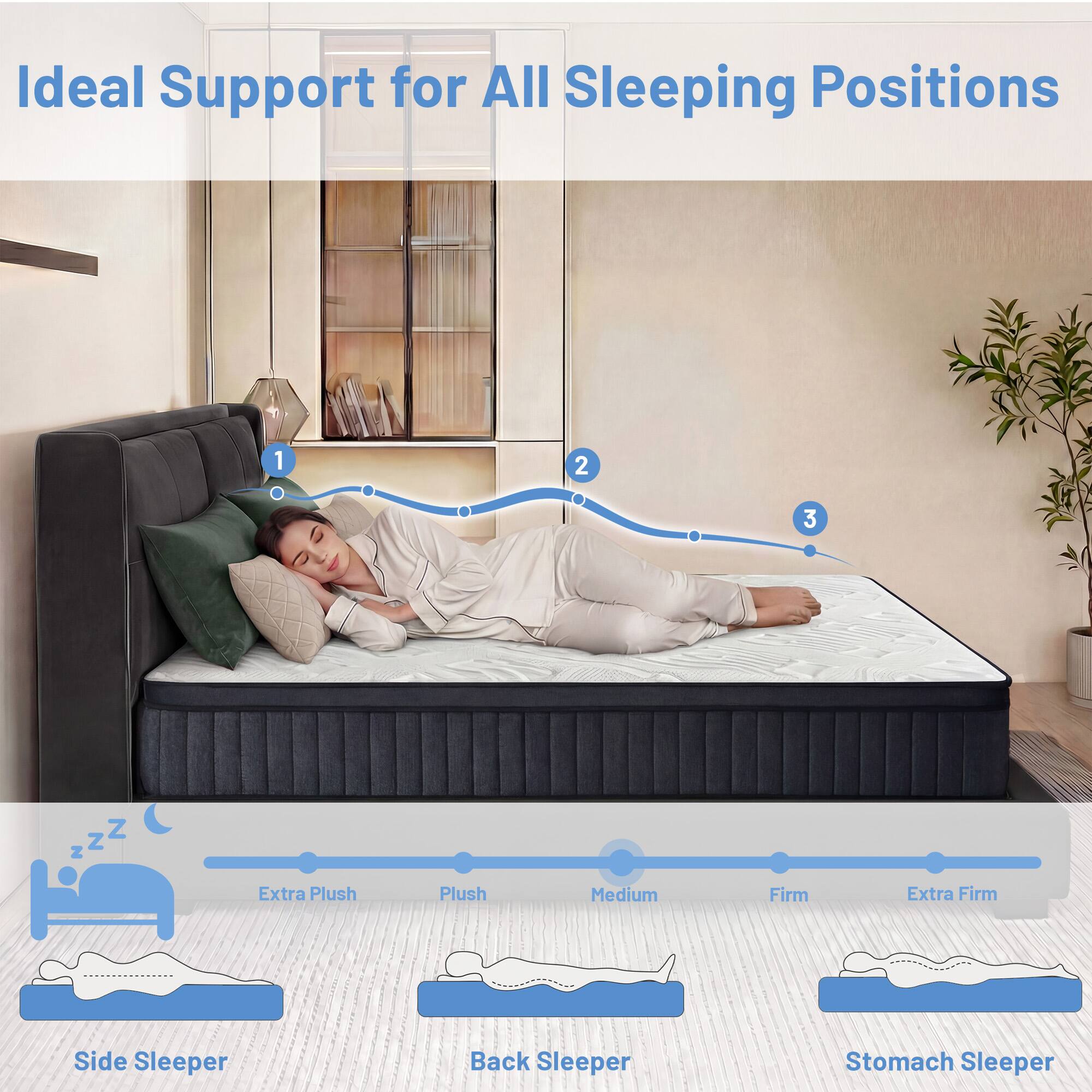 Ideal Support for All Sleeping Positions

1. Extra Plush
2. Plush
3. Medium
4. Firm
5. Extra Firm

Side Sleeper
Back Sleeper
Stomach Sleeper