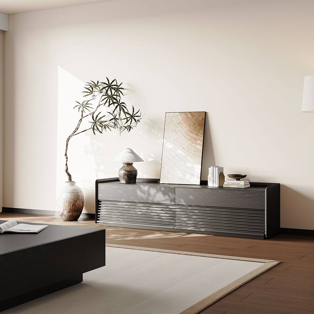 Left. POVISON - 71"Fully-Assembled Mid-Century TV Stand, Black Modern Cabinet with Adjustable Light, Perfect for 65-inch TVs - Black.