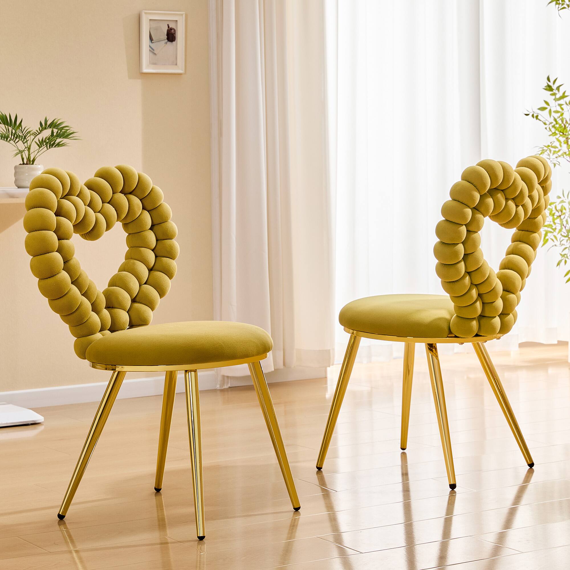 Left. Loheer - Loheer Heart Accent Chair Yellow Velvet Decorative Side Chair for Vanity Dining Room with Gold Metal Frame 2.9 ft - Gold,Yellow.