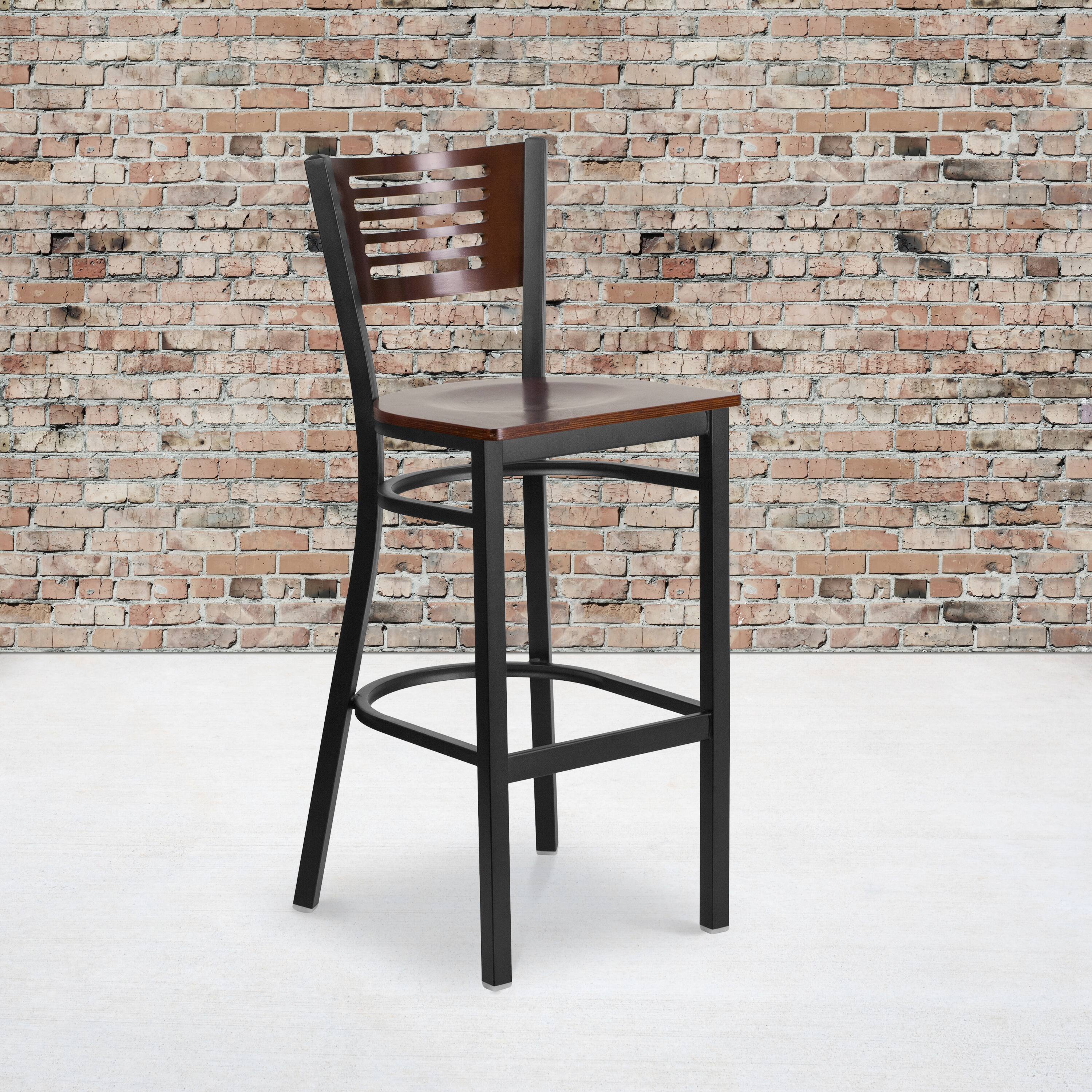 Alt View 1. Emma + Oliver - Decorative Slat Back Metal Restaurant Dining Barstool - Walnut Wood Back/Walnut Wood Seat/Black Metal.