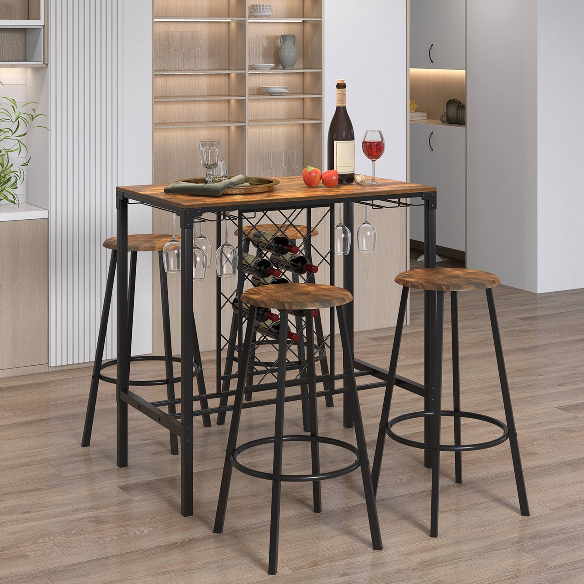 Alt View 2. Costway - 5PCS Bar Table & Stools Set Industrial Bistro Set with Wine Rack & Glass Holder - Rustic Brown/Black.