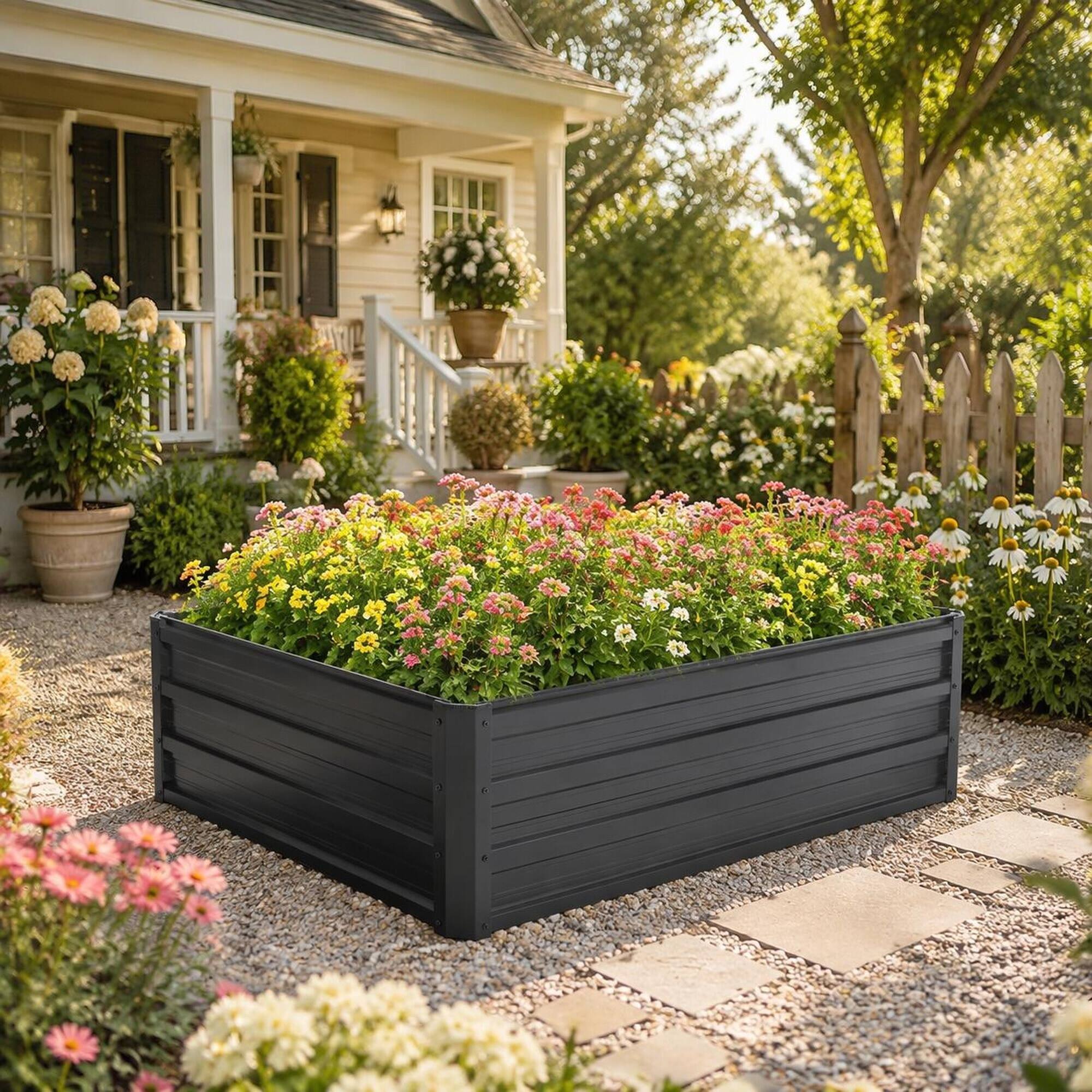 Angle. RYHNUYNE - Galvanized Steel Raised Garden Bed 4x3x1 ft Deep Root Metal Planter Box for Vegetables Flowers Herbs Outdoor Patio - Black.
