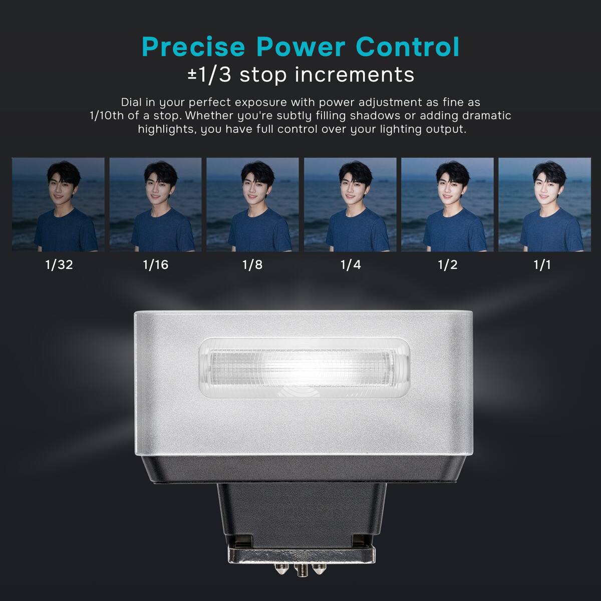 Precise Power Control #1/3 stop increments  
Dial in your perfect exposure with power adjustment as fine as 1/10th of a stop. Whether you're subtly filling shadows or adding dramatic highlights, you have full control over your lighting output.  

1/32  
1/16  
1/8  
1/4  
1/2  
1/1