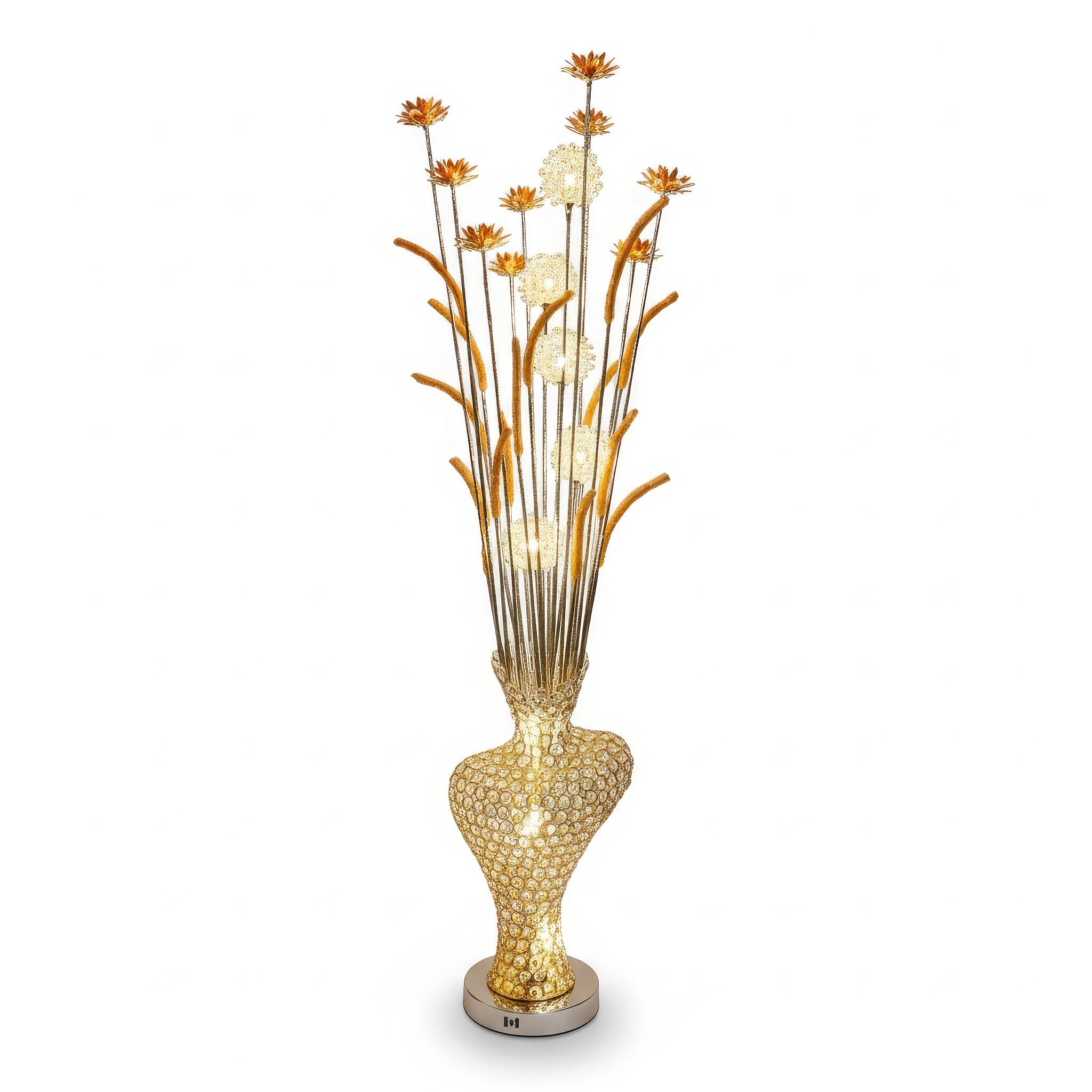 Angle. FC Design - 60"H Gold Cylindrical Textured Vase with Floral Stem & Faux Crystal Accent LED Floor Lamp.