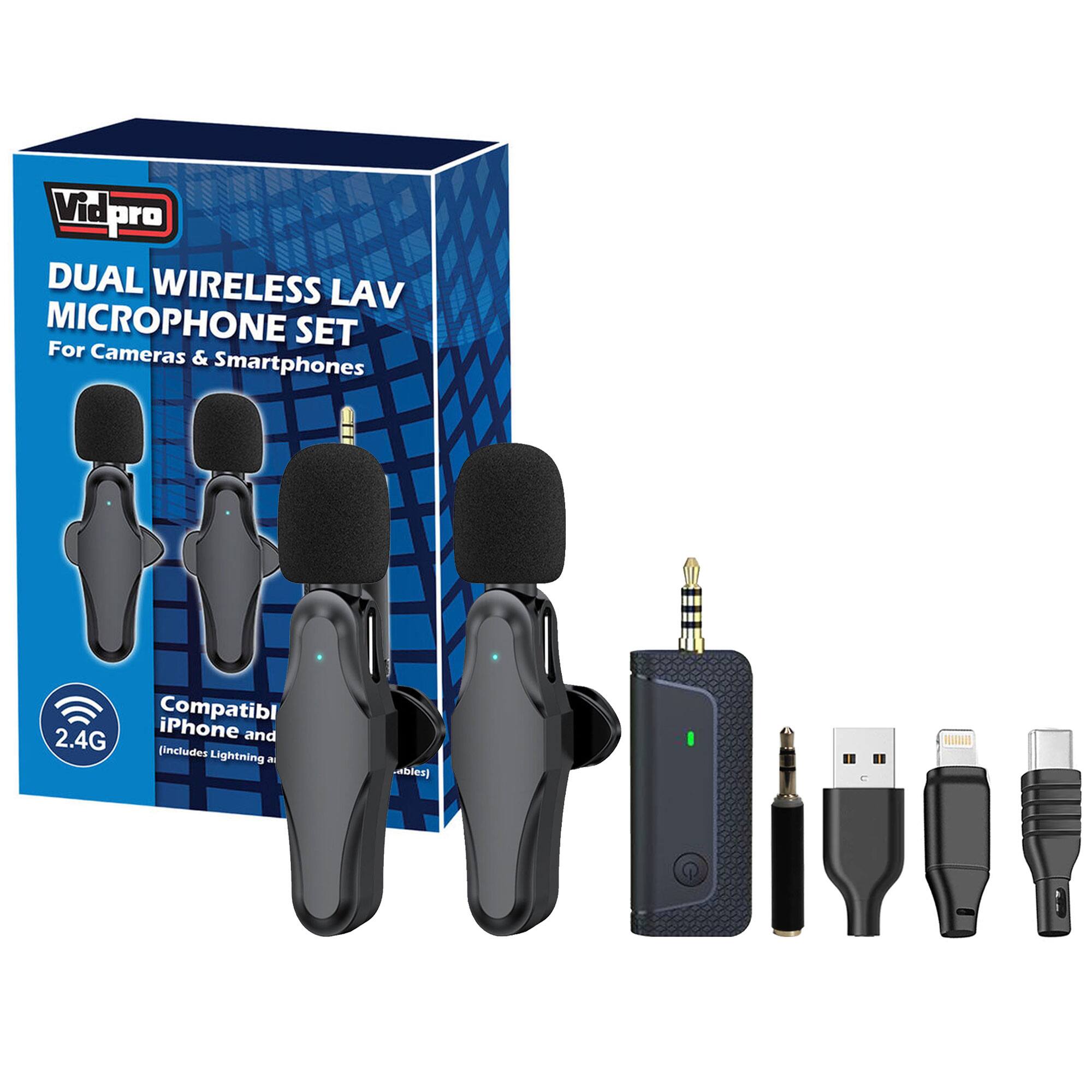 Vidpro DUAL WIRELESS LAV MICROPHONE SET  
For Cameras & Smartphones  

Compatible with iPhone and (includes Lightning & Bluetooth)  

2.4G