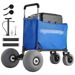 VEVOR - Beach Cart with Large Wheels for Sand, 165 lbs Load Capacity, Heavy Duty Folding Beach Wagon with 12" Balloon Wheels - Black, blue