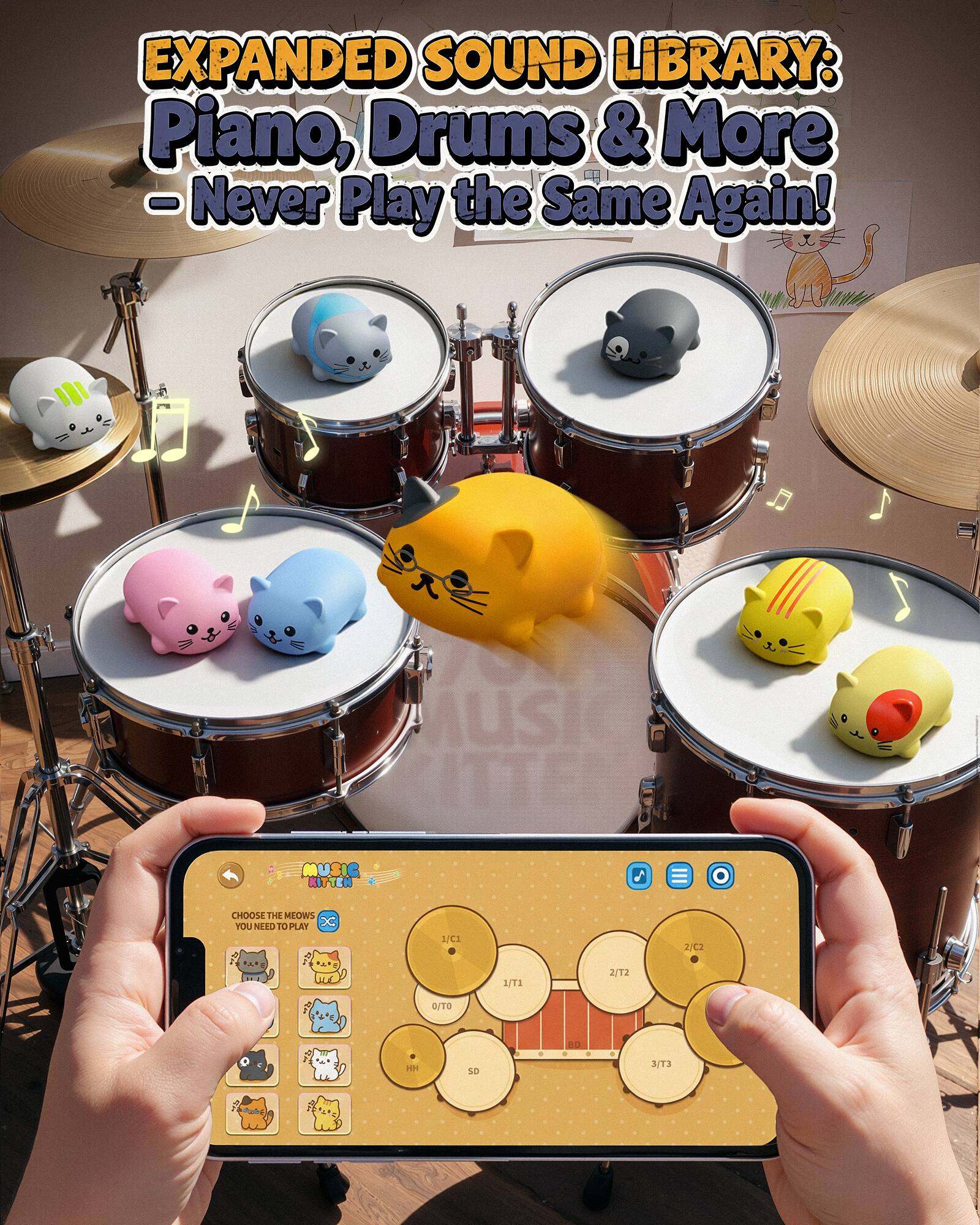EXPANDED SOUND LIBRARY: Piano, Drums & More - Never Play the Same Again!

MUSIC KITTEN

CHOOSE THE MEOWS YOU NEED TO PLAY
1/C1
2/C2
...
1/T1
2/T2
O/TO
HH
SD
3/T3