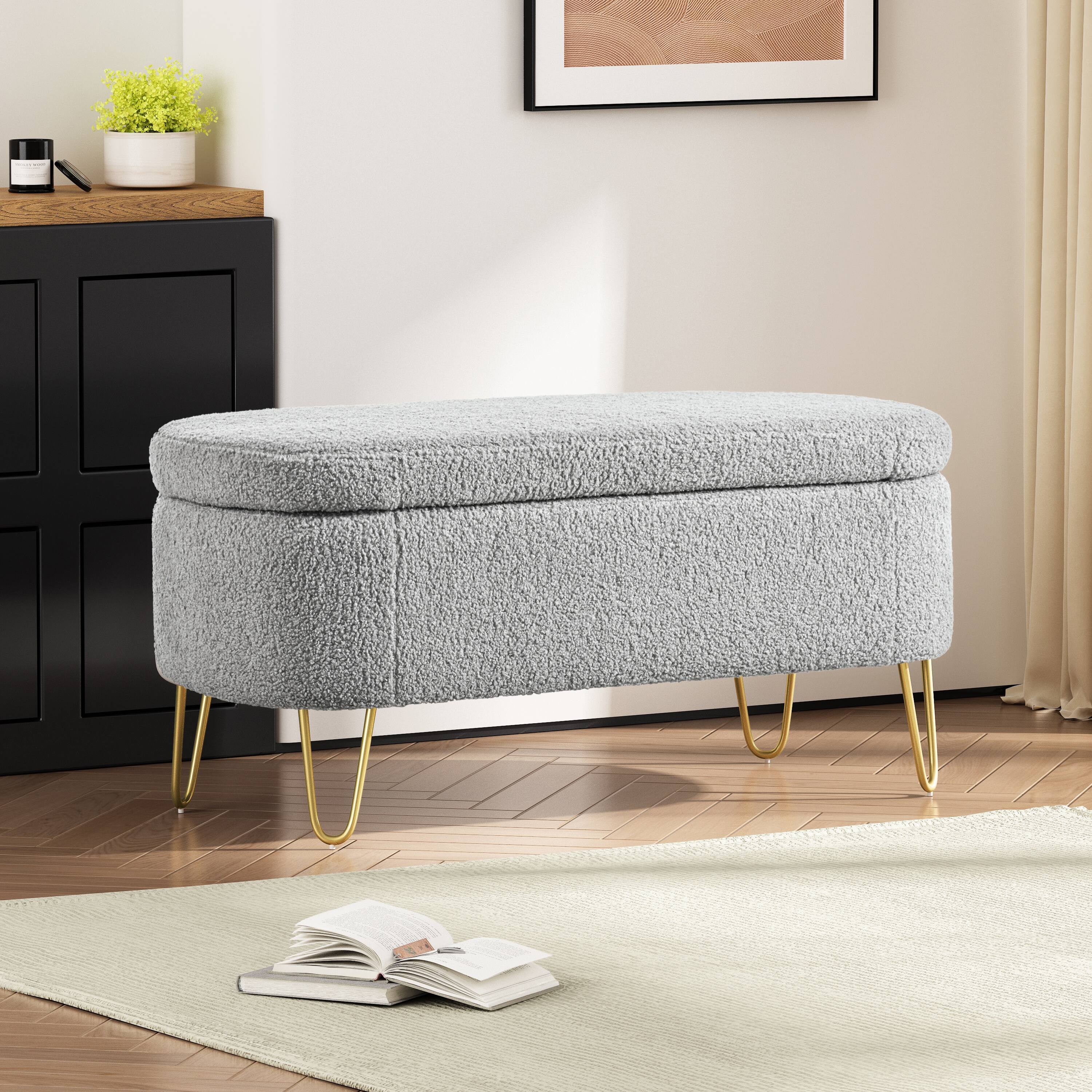 Back. Aukfa - 40" Folding Storage Ottoman Bench , 250lb Load, Upholstered with Metal Legs for Living Room, Bedroom, Entryway - Gray.