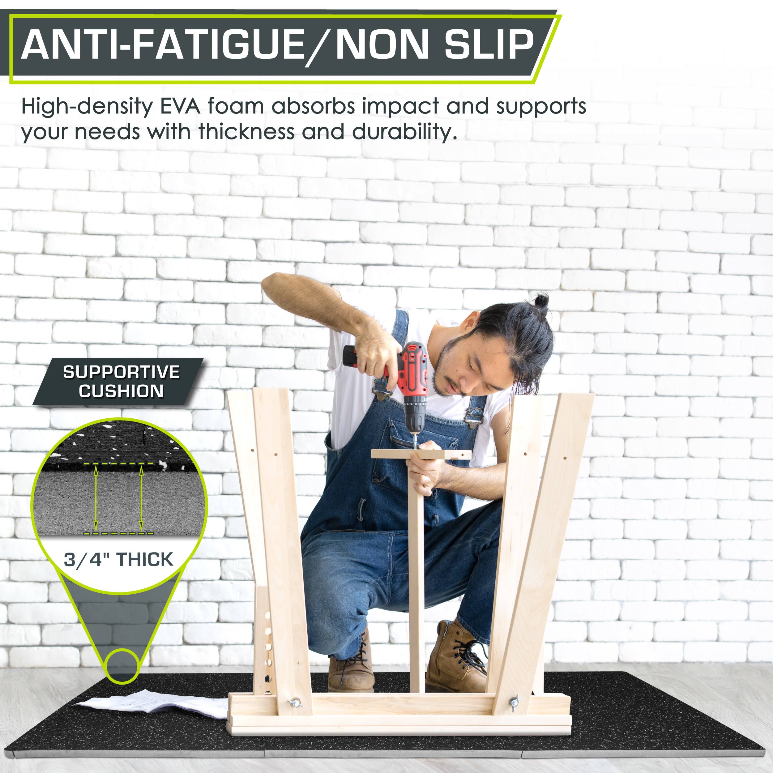 The text in the image can be grouped and corrected as follows:

**Title:**
- ANTI-FATIGUE / NON SLIP

**Description:**
- High-density EVA foam absorbs impact and supports your needs with thickness and durability.

**Feature Highlight:**
- SUPPORTIVE CUSHION 3/4" THICK

**Additional Information:**
- High-density EVA foam absorbs impact and supports your needs with thickness and durability.
