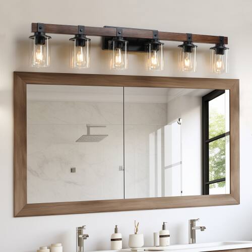 Alt View 2. LUCKY ONE - 42in Rustic 6-Light Vanity Light, Industrial Farmhouse Bathroom Sconce with Wood Accent - Walnut.