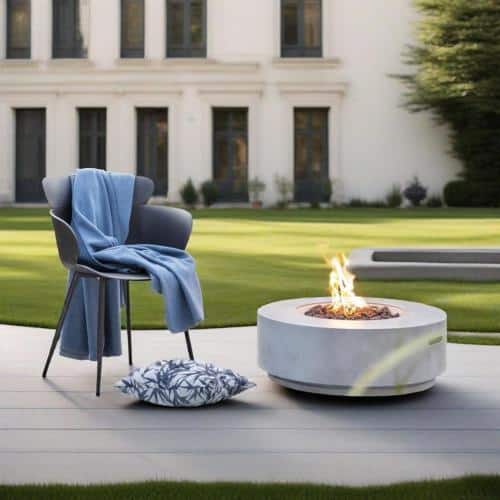 Siljoy - 50000 BTU 30" Round Propane Fire Pit Table Light Gray Concrete Outdoor Patio Deck Garden Heater