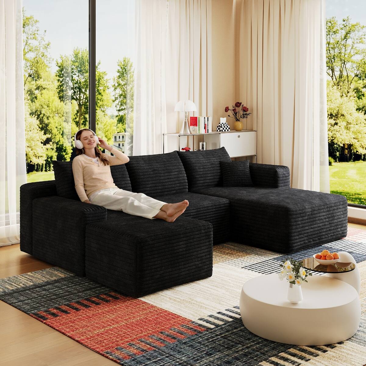 Front. Ropilly - Ropilly Black Corduroy Sectional Sofa, U Shaped Sectional Sofa with Ottoman, Deep Seat Cloud Couch - Black.