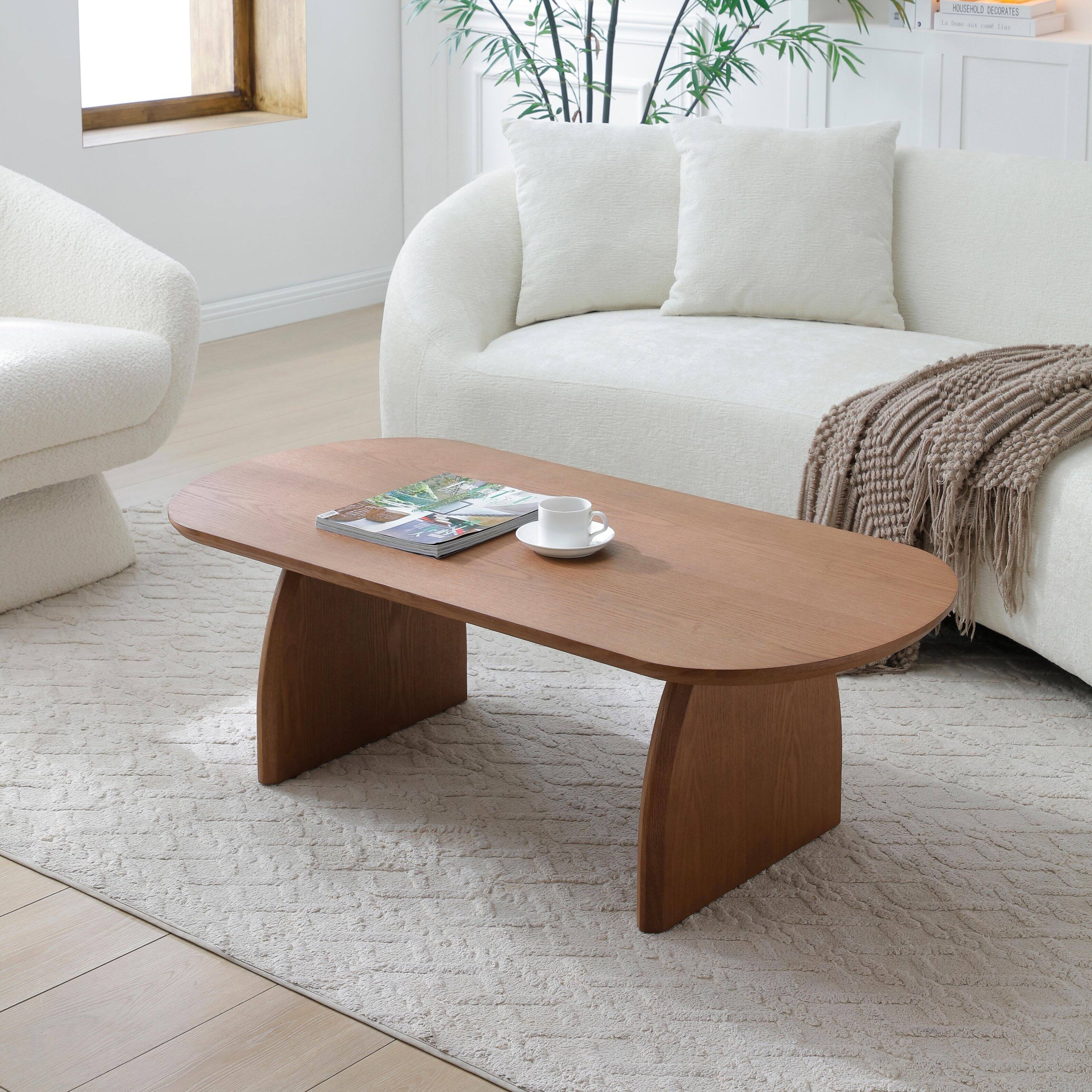 Angle. TinyHomie - 47 Inch Oval Coffee Table Solid Wood Veneer Mid Century Walnut For Small Space Office - white.