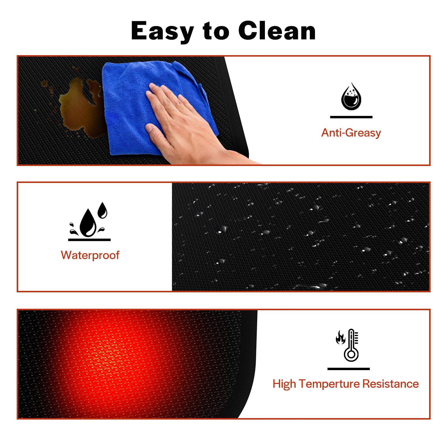 Easy to Clean
Anti-Greasy
Waterproof
High Temperature Resistance