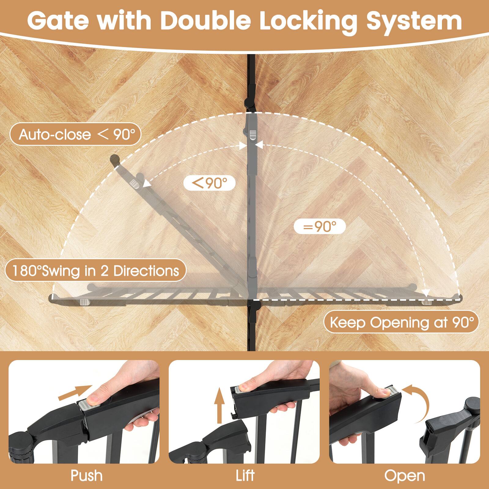 Gate with Double Locking System

- Auto-close < 90°
- 180° Swing in 2 Directions
- Keep Opening at 90°

Push
Lift
Open