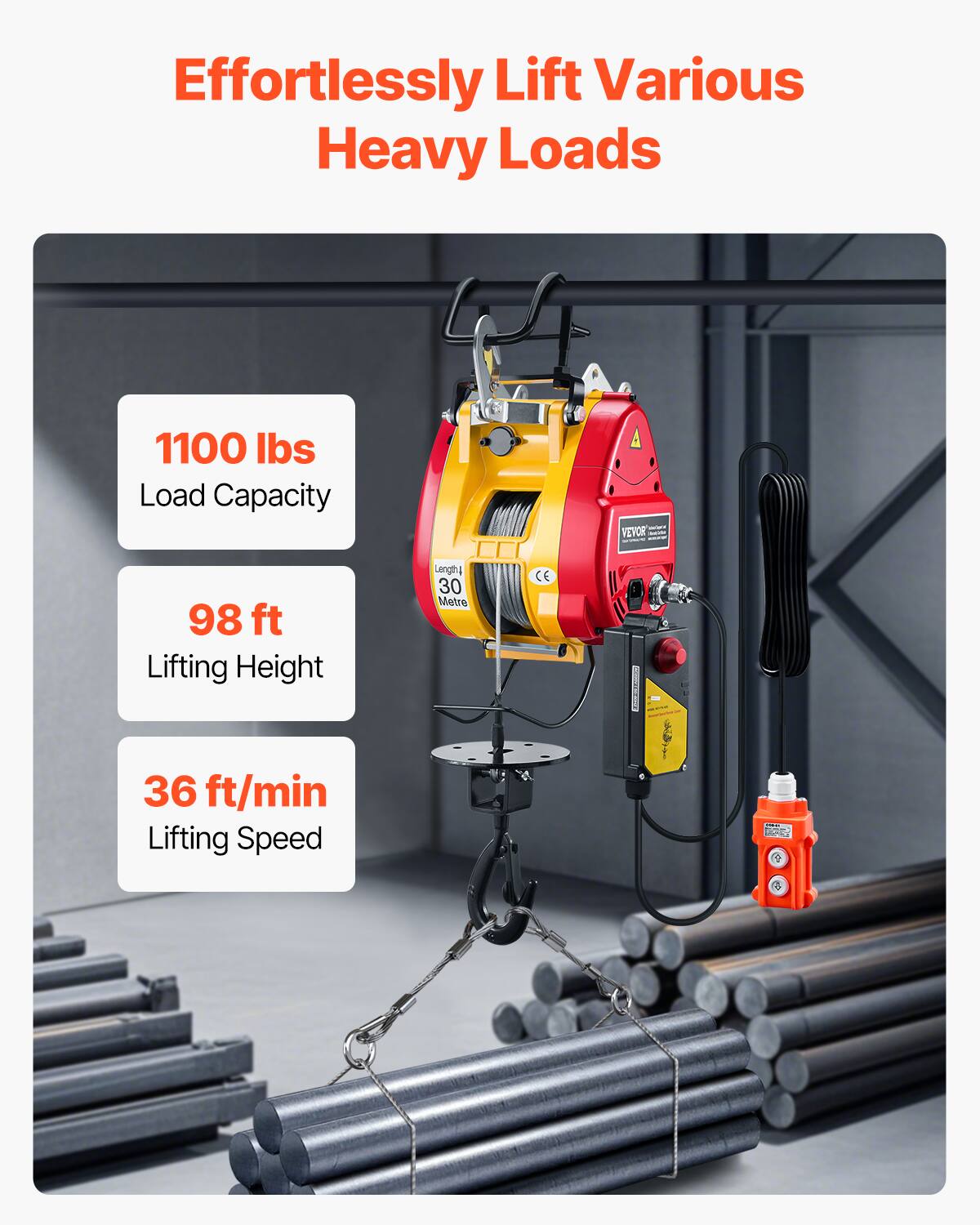 Effortlessly Lift Various Heavy Loads

- 1100 lbs Load Capacity
- 98 ft Lifting Height
- 36 ft/min Lifting Speed