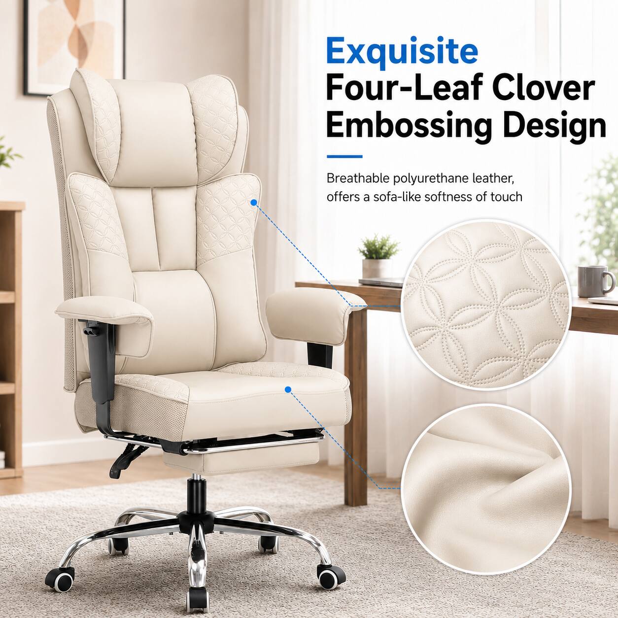 Exquisite Four-Leaf Clover Embossing Design

Breathable polyurethane leather, offers a sofa-like softness of touch