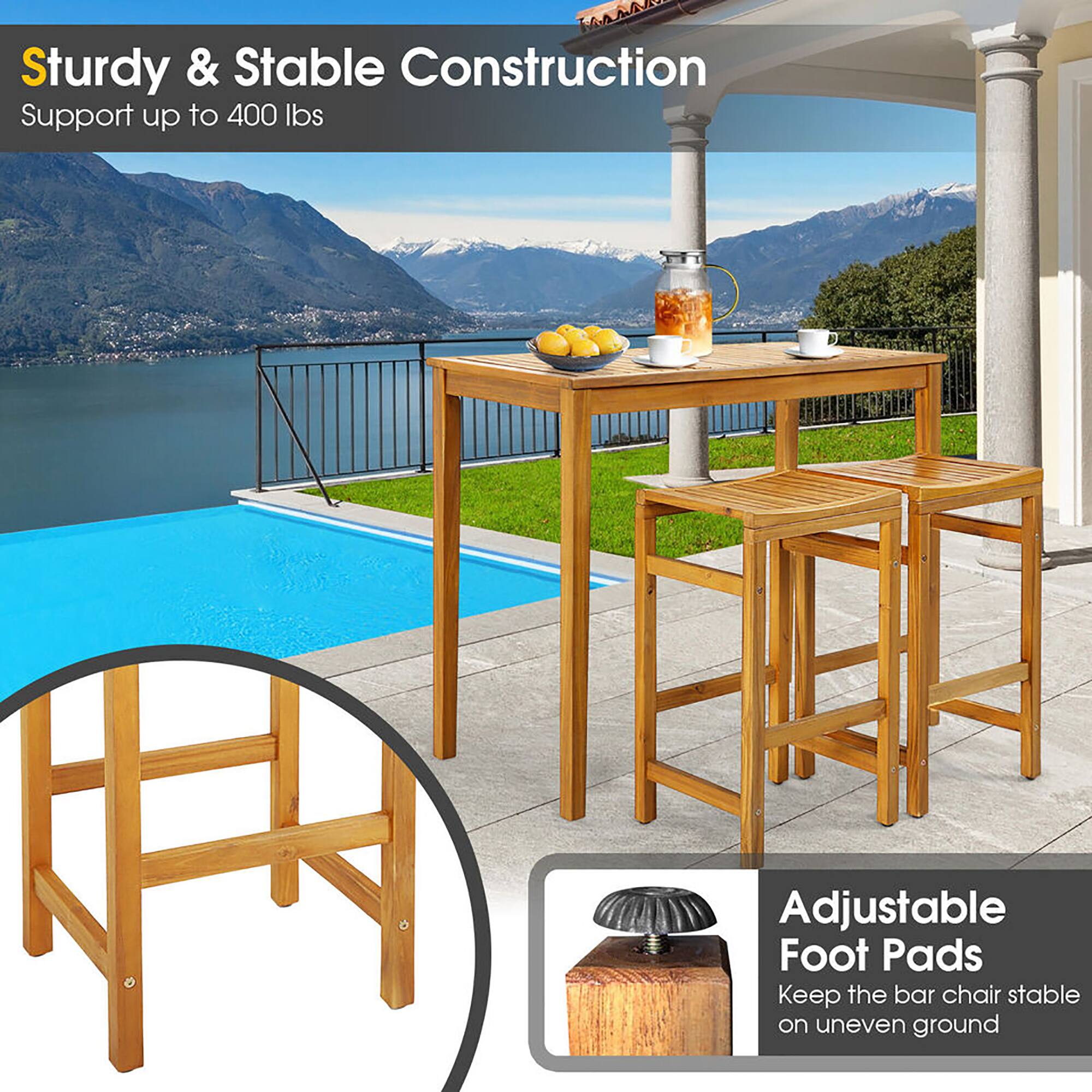 Sturdy & Stable Construction, Support up to 400 lbs, Adjustable Foot Pads, Keep the bar chair stable on uneven ground