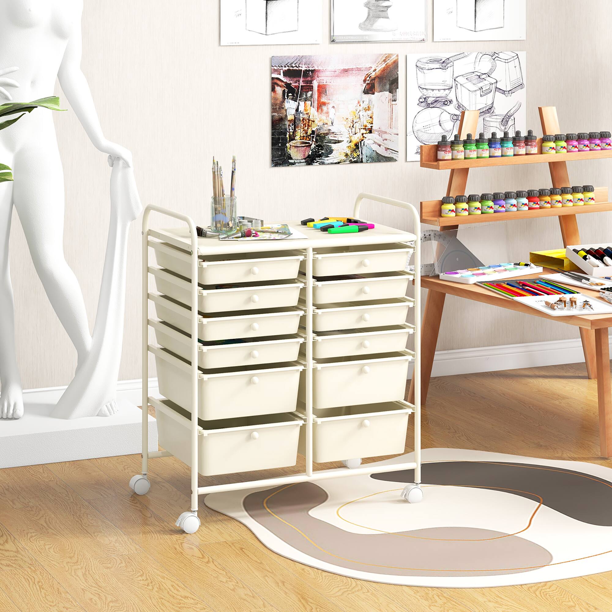Alt View 1. Gymax - Gymax 12-Drawer Rolling Storage Cart w/ 2 Sizes Plastic Drawers White - White.