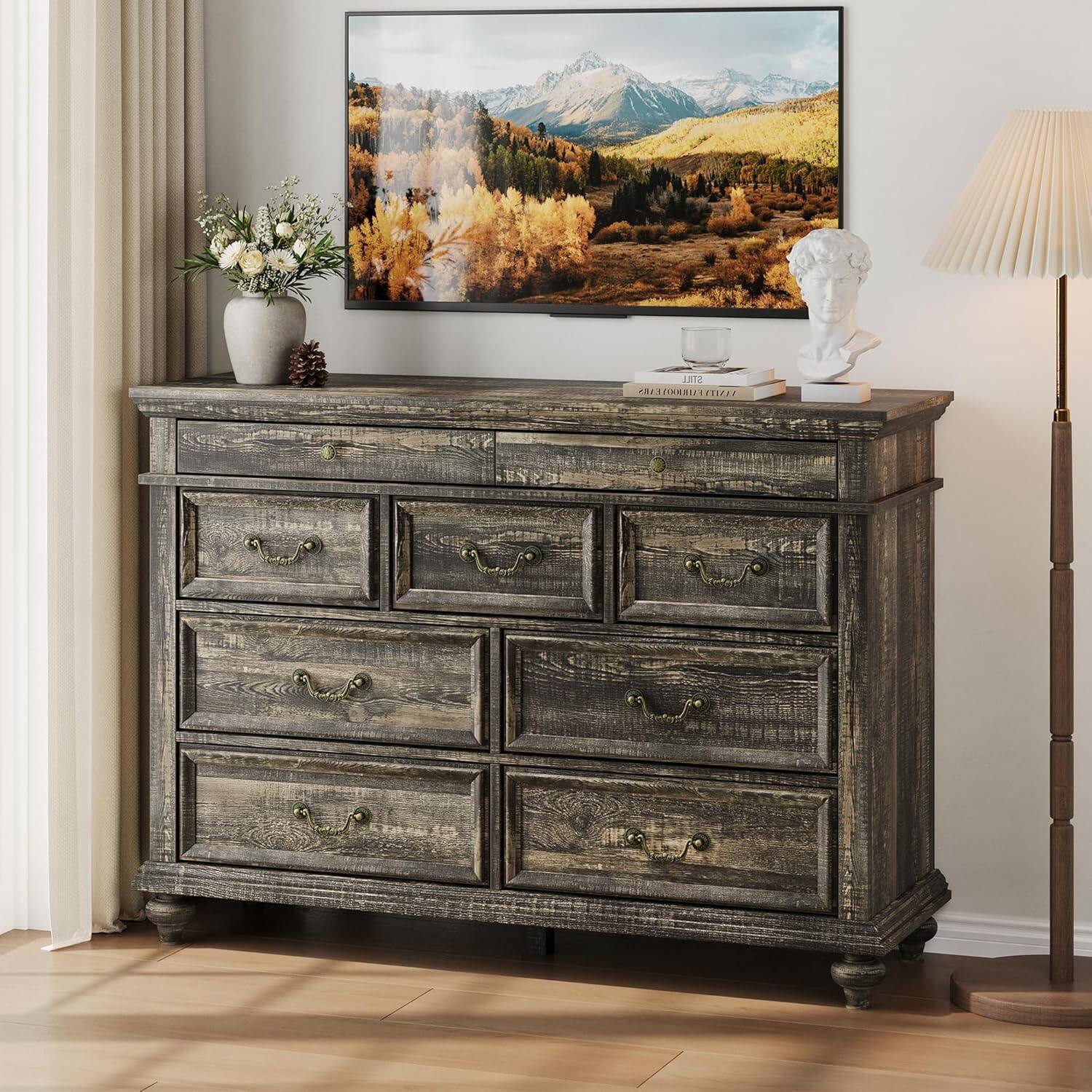 Acekool - 47" Farmhouse Dresser with 9 Drawers, Rustic Wood Chest with Vintage Metal Handles, Large Storage for Bedroom - Dark Oak