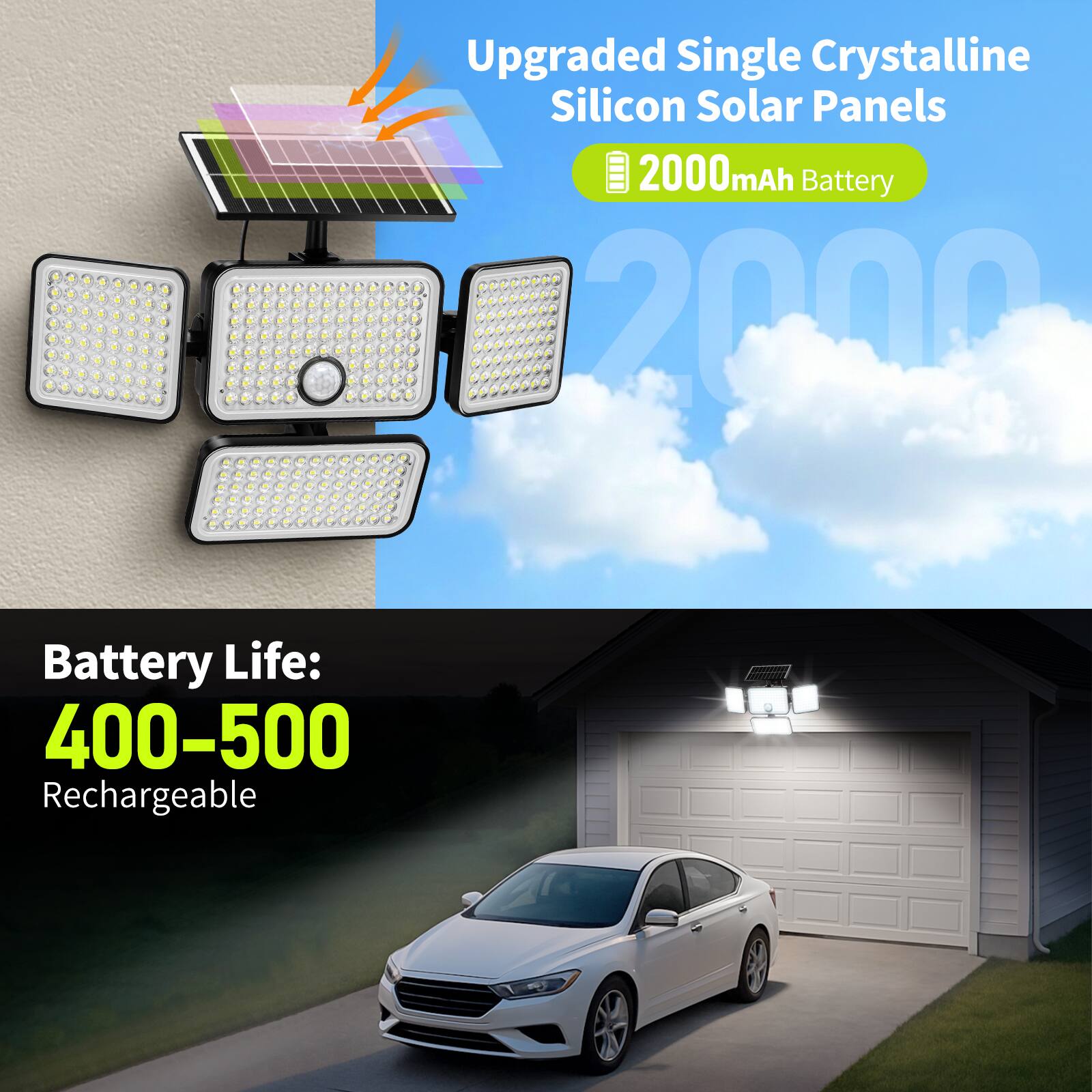 Upgraded Single Crystalline Silicon Solar Panels  
2000mAh Battery  
Battery Life: 400-500  
Rechargeable
