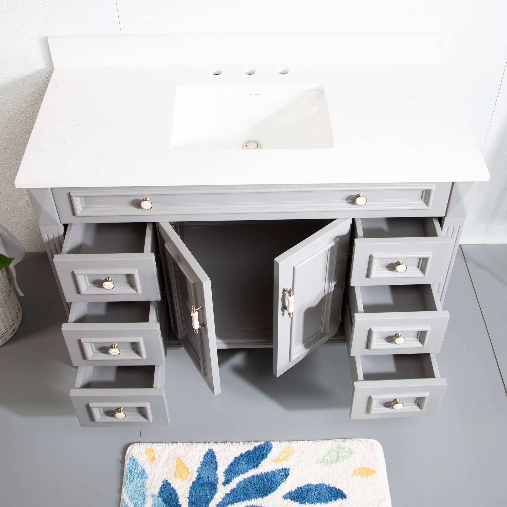 Left. WELLFOR - ARTWOOD 48 in. Solid Wood Bath Vanity with Quartz Top, Single Sink, Soft Close, Assembled - Gray.
