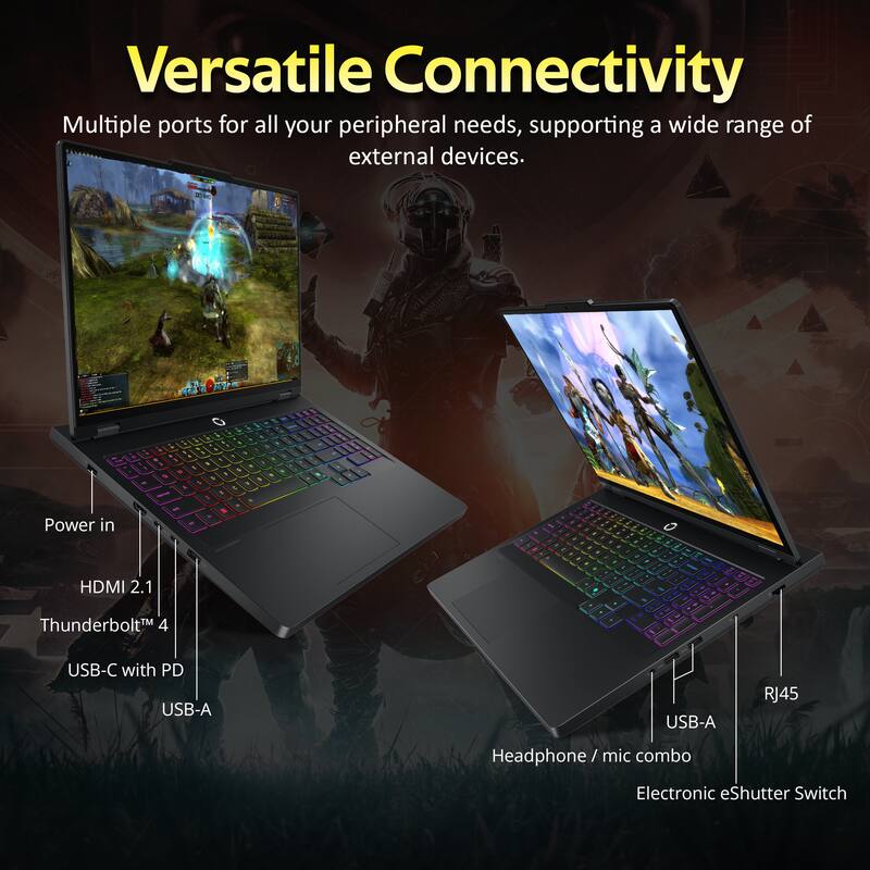 Versatile Connectivity  
Multiple ports for all your peripheral needs, supporting a wide range of external devices.  

- Power in  
- HDMI 2.1  
- Thunderbolt™ 4  
- USB-C with PD  
- USB-A  
- RJ45  
- Headphone / mic combo  
- Electronic eShutter Switch