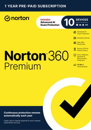 Norton 360 Premium offers a 1-year pre-paid subscription that includes protection for multiple devices. This subscription includes advanced AI scam protection, parental controls, dark web monitoring, secure VPN for online privacy, and protection against viruses, malware, spyware, ransomware, and more. Additionally, it comes with 75 GB of PC Premium Cloud Backup. The subscription renews automatically each year, and a credit card or PayPal is required for auto-renewal and use.
