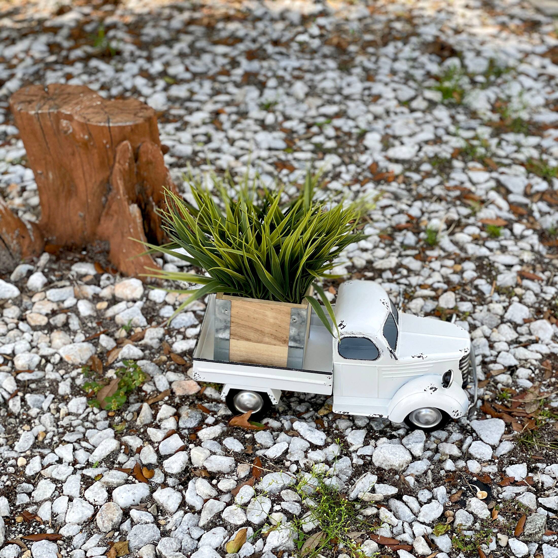 Alt View 5. Zeckos - 14" Weathered White Metal Truck Planter – Vintage Farmhouse Decor, No Drain Hole - White.