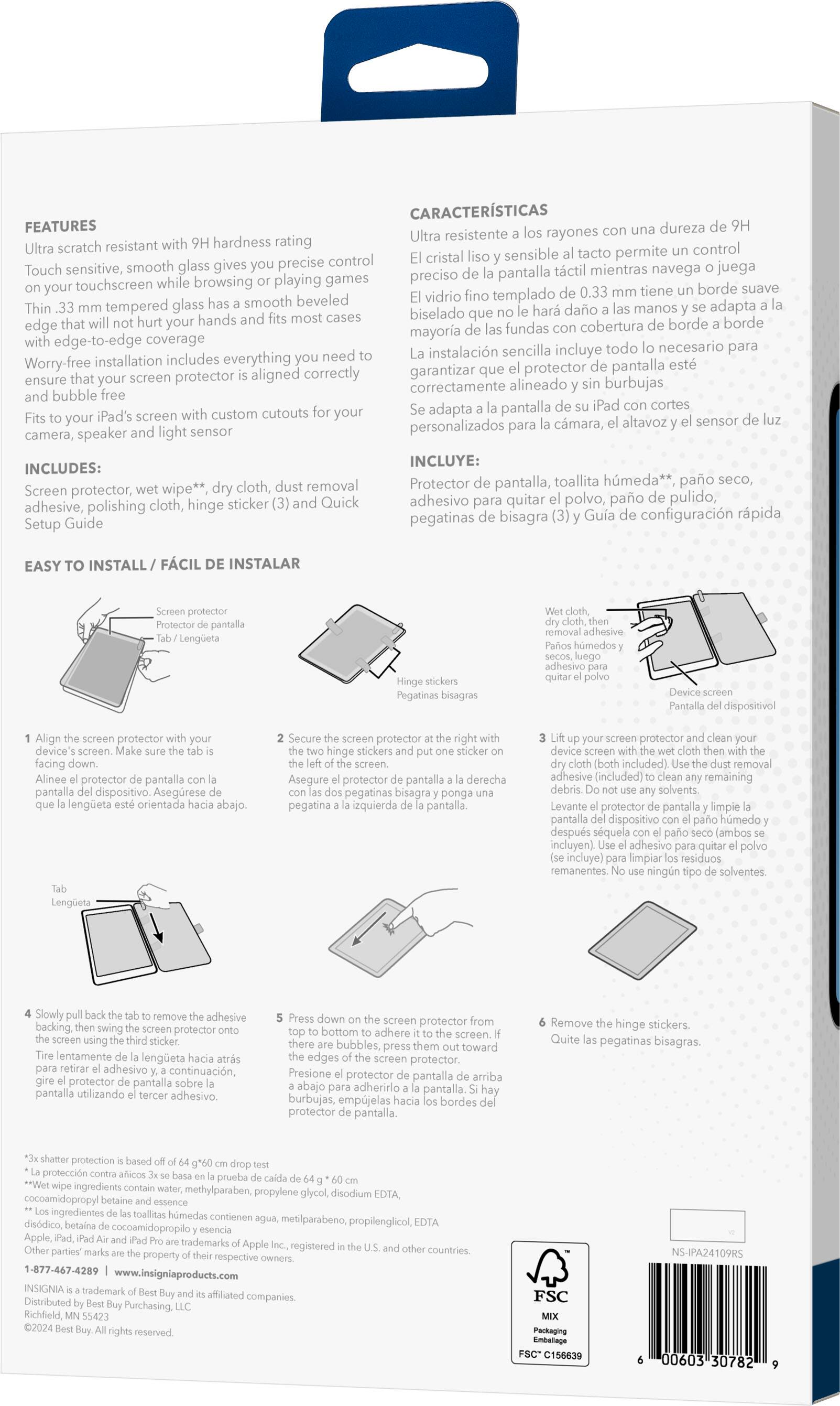 FEATURES:

* Ultra resistente: Scratch resistant hardness rating
* Sensible táctil: Touch sensitive, smooth glass gives precise control while playing games and browsing
* Borde biselado: Beveled edge design fits your hands perfectly
* Cobertura completa: Includes custom cutouts for your iPad's camera, speaker, and light sensor
* Protector pantalla: Ensures the screen protector is aligned correctly
* Burbujas adaptadas: Adapts to the iPad's custom cutouts
* Incluye: Includes a cloth, removal protector, wipe, cloth, hinge sticker, and polishing guide
* Pegatinas bisagra: Setup guide for easy configuration
* Protección EASY: Worry-free guarantee