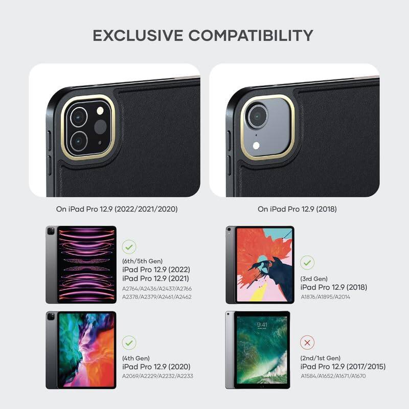 EXCLUSIVE COMPATIBILITY

On iPad Pro 12.9 (2022/2021/2020)

- iPad Pro 12.9 (2022)
- iPad Pro 12.9 (2021)
- iPad Pro 12.9 (2020)

On iPad Pro 12.9 (2018) (6th/5th Gen)

- iPad Pro 12.9 (2018) (3rd Gen)

On iPad Pro 12.9 (2017/2015)

- iPad Pro 12.9 (2017/2015)

Model Numbers:

- A2764/A2436/A2437/A2766
- A2378/A2379/A2461/A2462
- A2069/A2229/A2232/A2233
- A1876/A1895/A2014
- A1584/A1652/A1671/A16