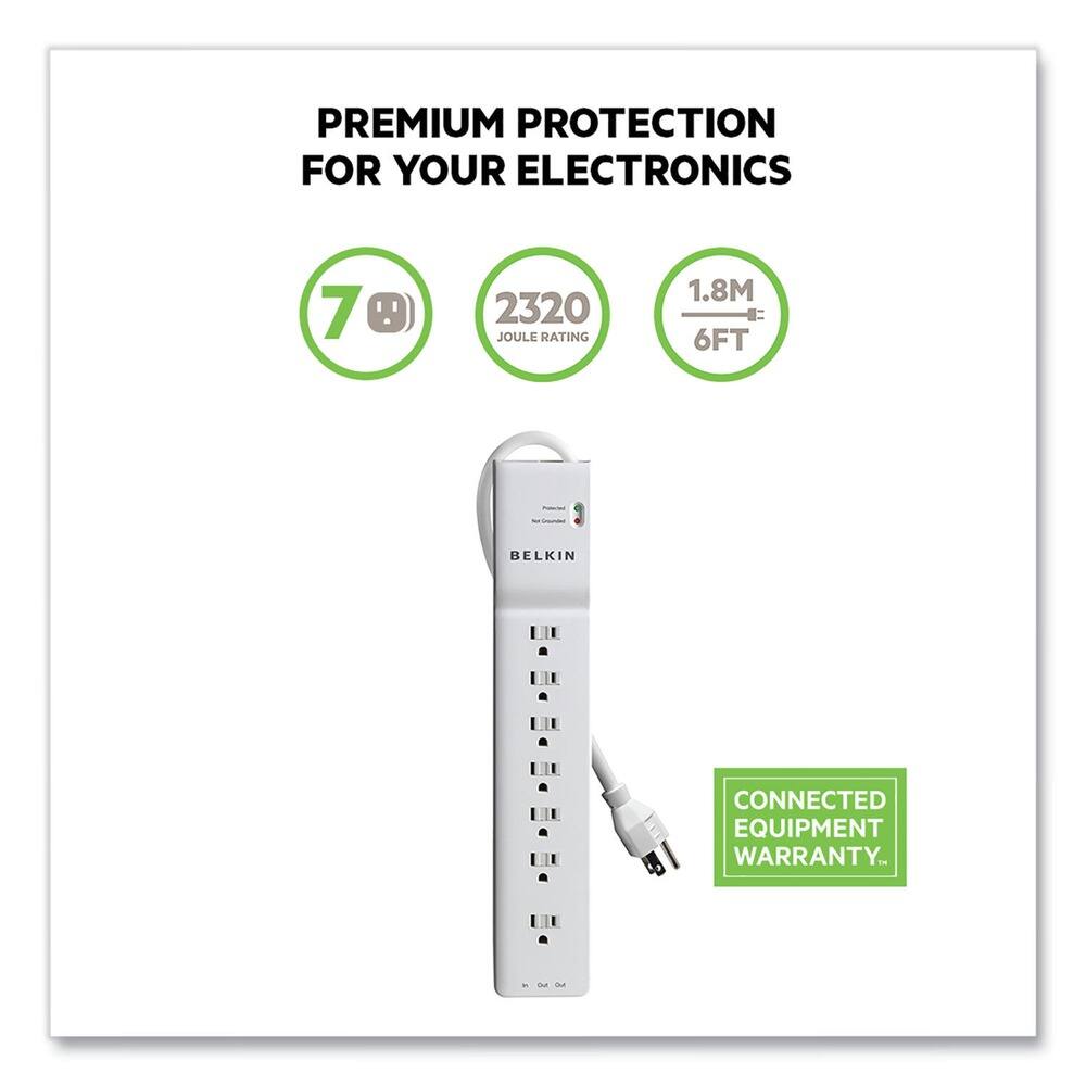 PREMIUM PROTECTION FOR YOUR ELECTRONICS  
7 OUTLETS  
2320 JOULE RATING  
1.8M = 6FT  
BELKIN CONNECTED EQUIPMENT WARRANTY.