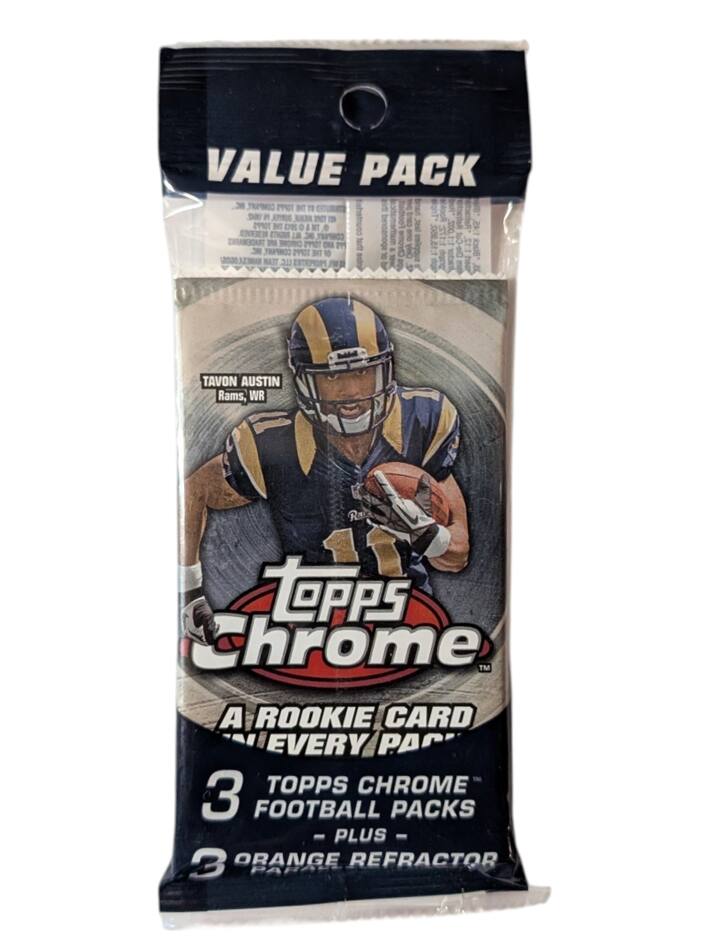 VALUE PACK INC., COMPANY, TOPPS THE YO XNOY 70% TOPPS THE C705 0 & WT 200 RESERVED LIA COMPANY, TRADEMARKS ARE TOPPS PPS DACK DVC. COMPANY, TOPPS THE OF 10 TEAM PROPERTIES

TAVON AUSTIN Rams, WR

topps Chrome TM A ROOKIE CARD EVERY PACK TOPPS CHROME 3 FOOTBALL PACKS - PLUS - 3 ORANGE REFRACTOR PARAS
