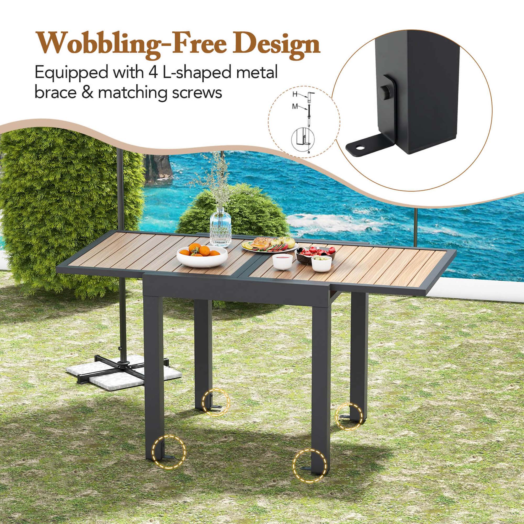 The text on the image reads "Wobbling-Free Design Equipped with 4 L-shaped metal brace & matching screws." This text describes the design of the table, which is intended to be stable and secure. The table is designed to minimize wobbling, ensuring that it remains steady when in use. The table is equipped with four L-shaped metal braces and matching screws, which provide additional support and stability to the table.