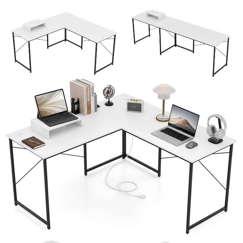 Angle. WELLFOR - 59 inch L-Shaped Desk with USB Power Outlets, 2-Person Reversible Computer Desk with Monitor Stand for Home Office - White.