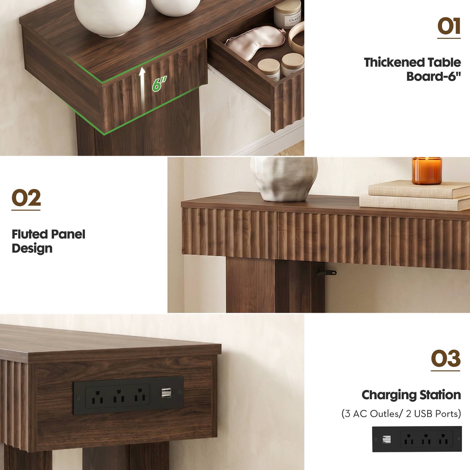 01 Thickened Table Board-6"  
02 Fluted Panel Design  
03 Charging Station (3 AC Outlets/ 2 USB Ports)