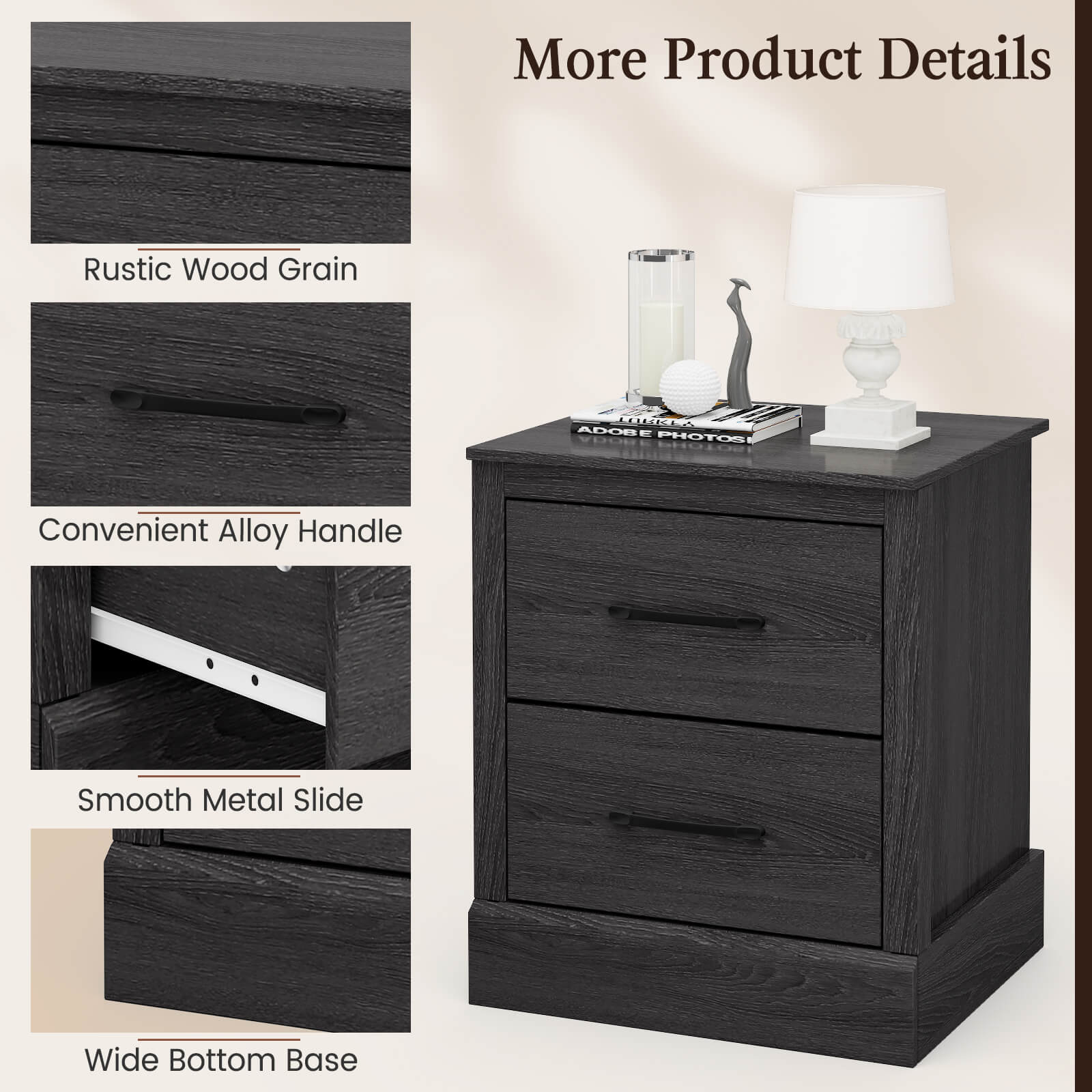 More Product Details

- Rustic Wood Grain
- Convenient Alloy Handle
- Smooth Metal Slide
- Wide Bottom Base