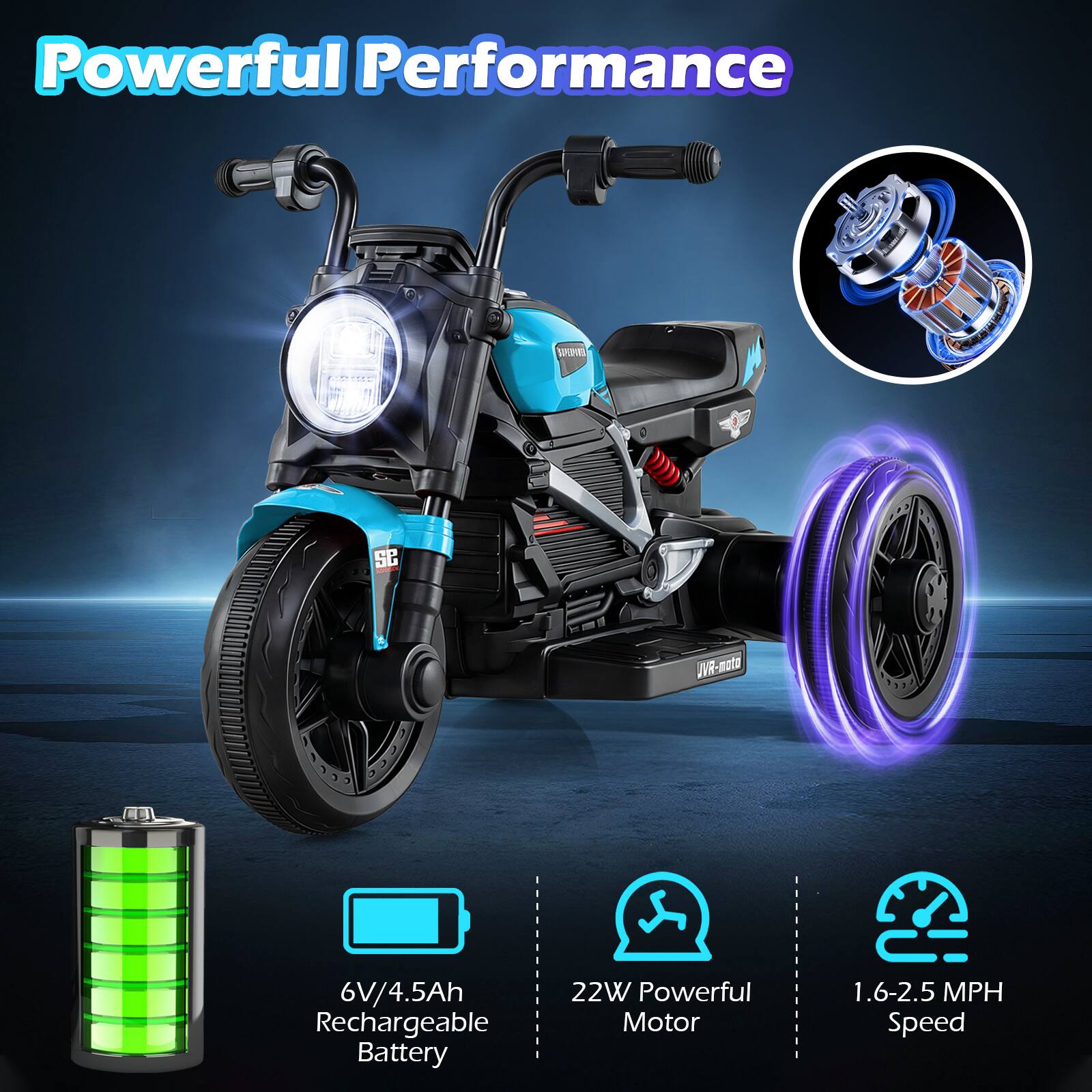 Powerful Performance

- 6V/4.5Ah Rechargeable Battery
- 22W Powerful Motor
- 1.6-2.5 MPH Speed