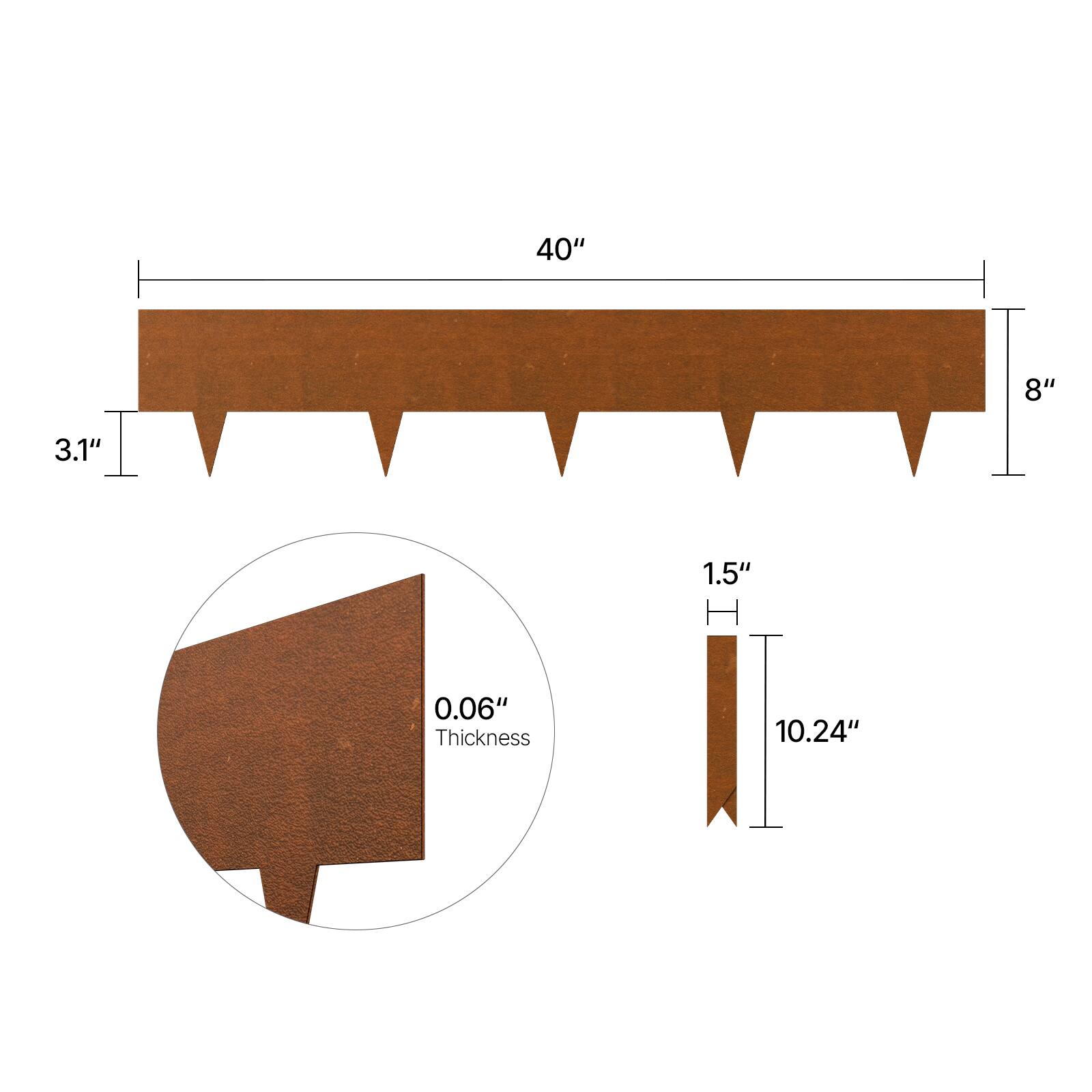 40", 8", 3.1", 1.5", 0.06", 10.24"