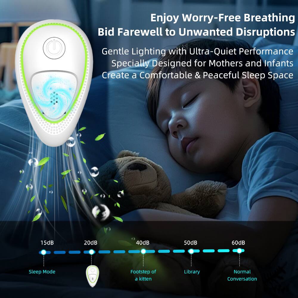 Enjoy Worry-Free Breathing  
Bid Farewell to Unwanted Disruptions  

Gentle Lighting with Ultra-Quiet Performance  
Specially Designed for Mothers and Infants  
Create a Comfortable & Peaceful Sleep Space  

15dB - Sleep Mode  
20dB  
40dB - Footstep of a kitten  
50dB - Library  
60dB - Normal Conversation