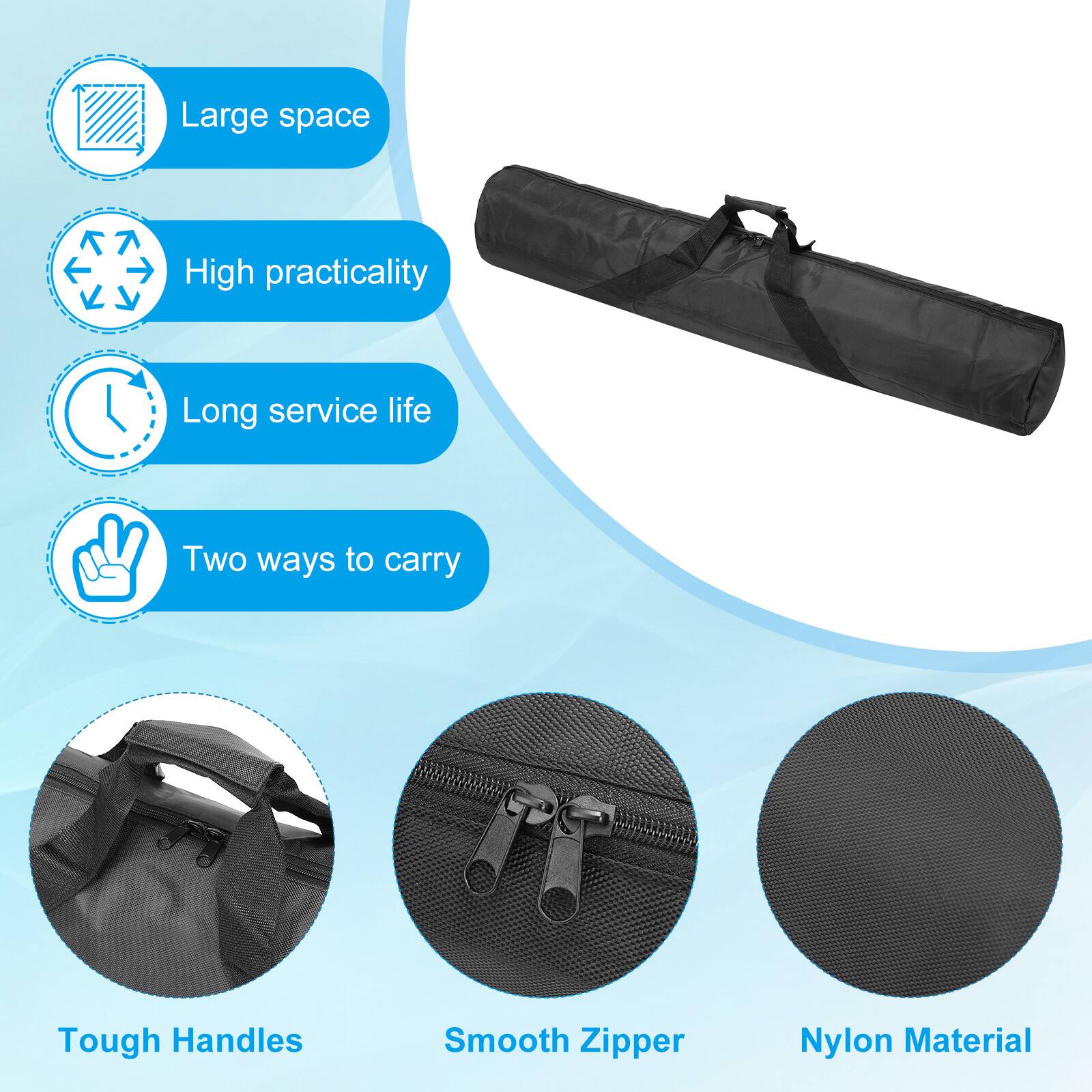 - Large space
- High practicality
- Long service life
- Two ways to carry
- Tough Handles
- Smooth Zipper
- Nylon Material