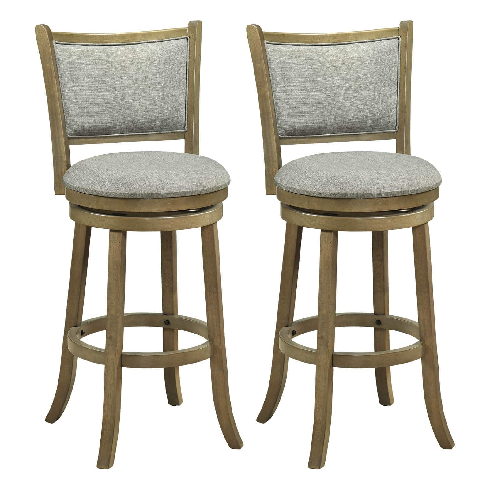 Costway - 30"Swivel Bar Stools Set of 2, with Backrests and Wood Frame,Upholstered Bar Chairs - Antique Gray,Light Gray