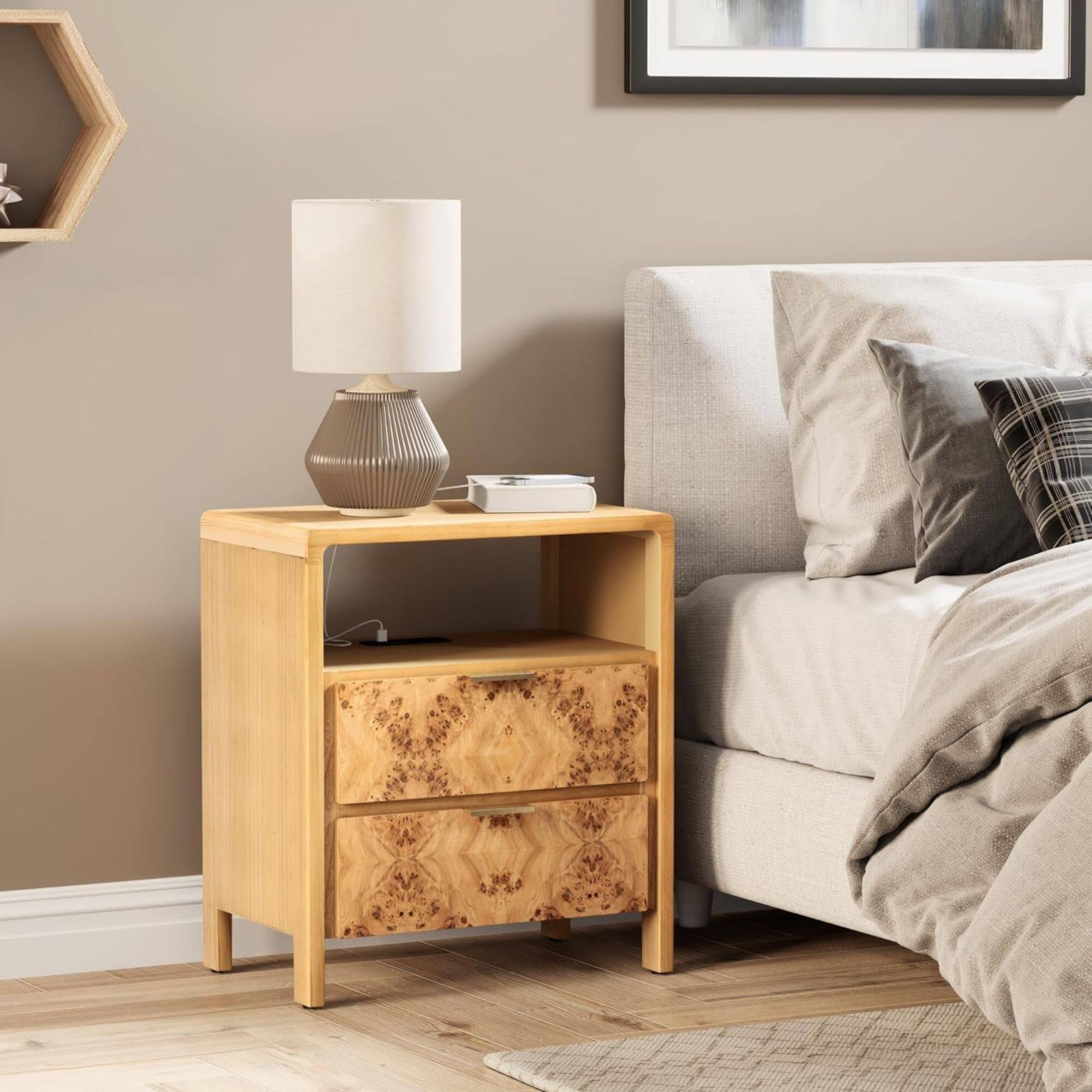 Alt View 4. COZAYH - COZAYH Farmhouse 2 Drawer Bed Nightstand w/ Charging Station, Burl Wood, Natural - Natural.