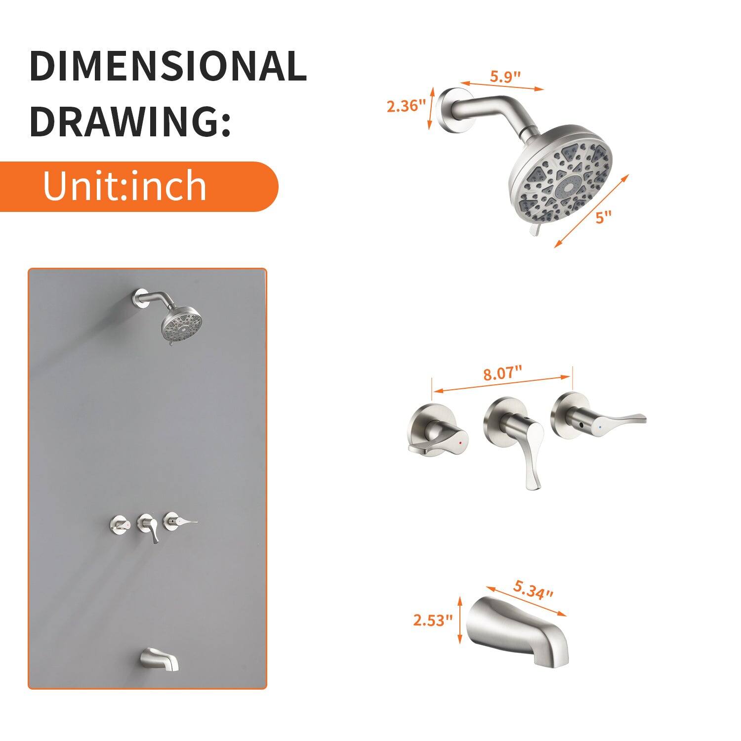 DIMENSIONAL DRAWING:  
Unit: inch  

- 2.36"  
- 5.9"  
- 5"  
- 8.07"  
- 2.53"  
- 5.34"