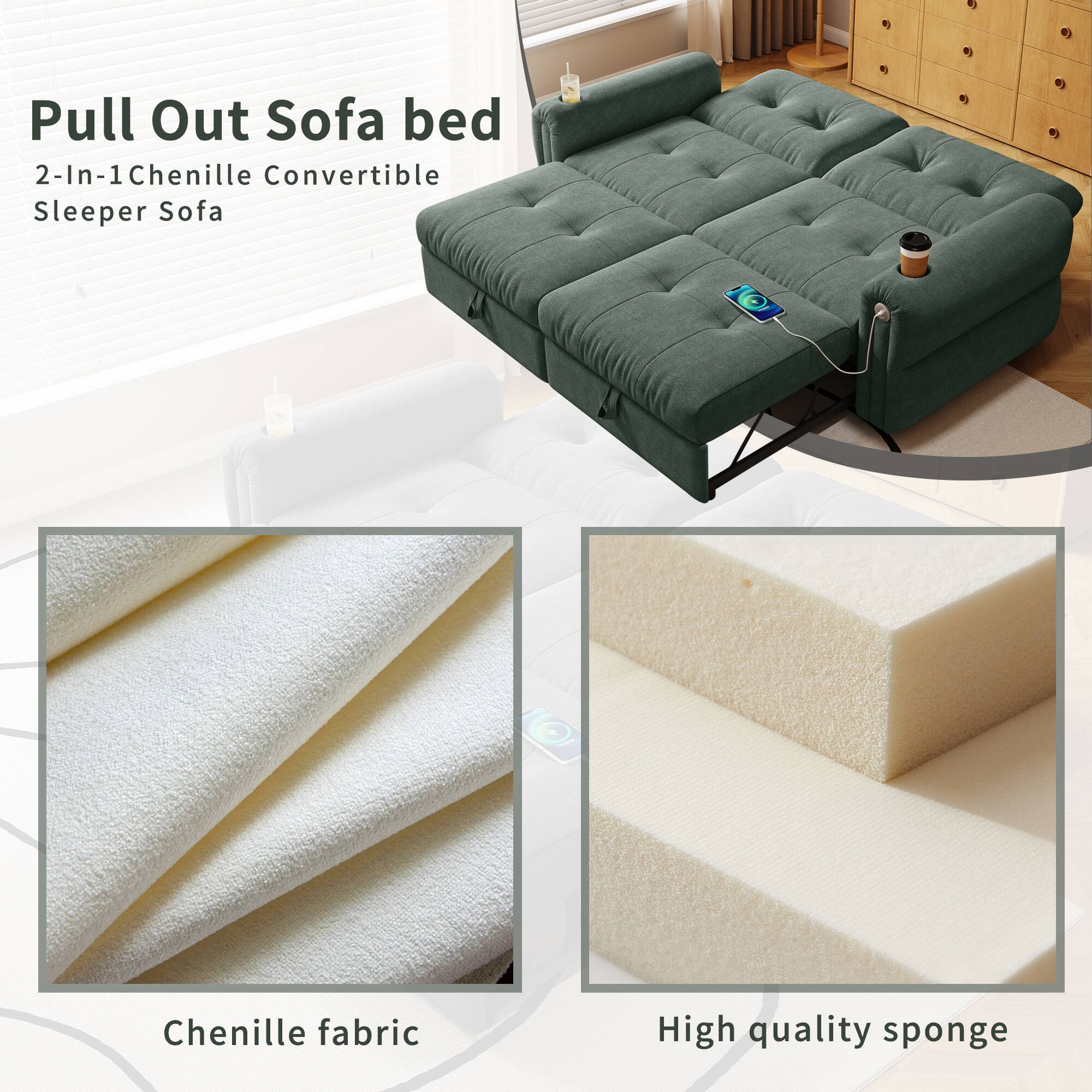 Pull Out Sofa bed  
2-In-1 Chenille Convertible Sleeper Sofa  

Chenille fabric  
High quality sponge