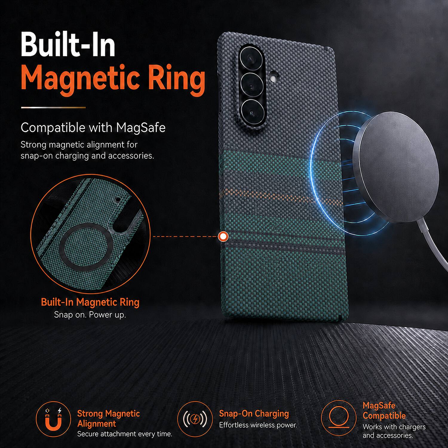 Built-In Magnetic Ring

Compatible with MagSafe

Strong magnetic alignment for snap-on charging and accessories.

Built-In Magnetic Ring

Snap on. Power up.

Strong Magnetic Alignment

Secure attachment every time.

Snap-On Charging

Effortless wireless power.

MagSafe Compatible

Works with chargers and accessories.