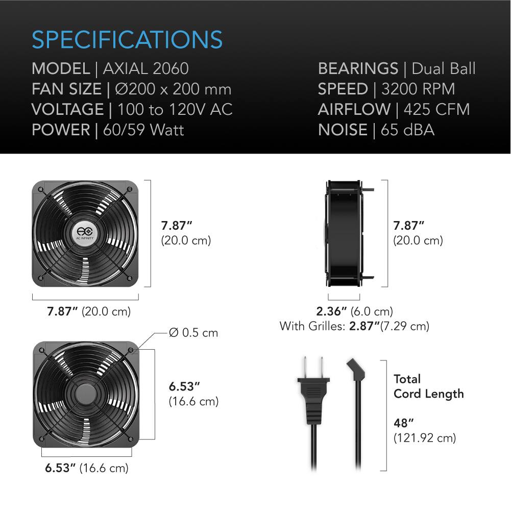 AC Infinity AXIAL 2060, 120V AC Muffin Cooling Fan, 200mm x 200mm x ...
