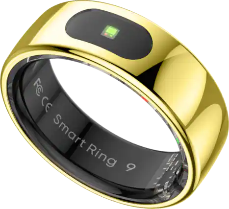 The text on the image reads "FCCE FC CE Smart Ring 9." This text is likely describing the ring, which is a smart ring with a built-in camera. The ring is gold in color and features a black band. The camera is located on the top of the ring, making it a unique and innovative piece of jewelry.