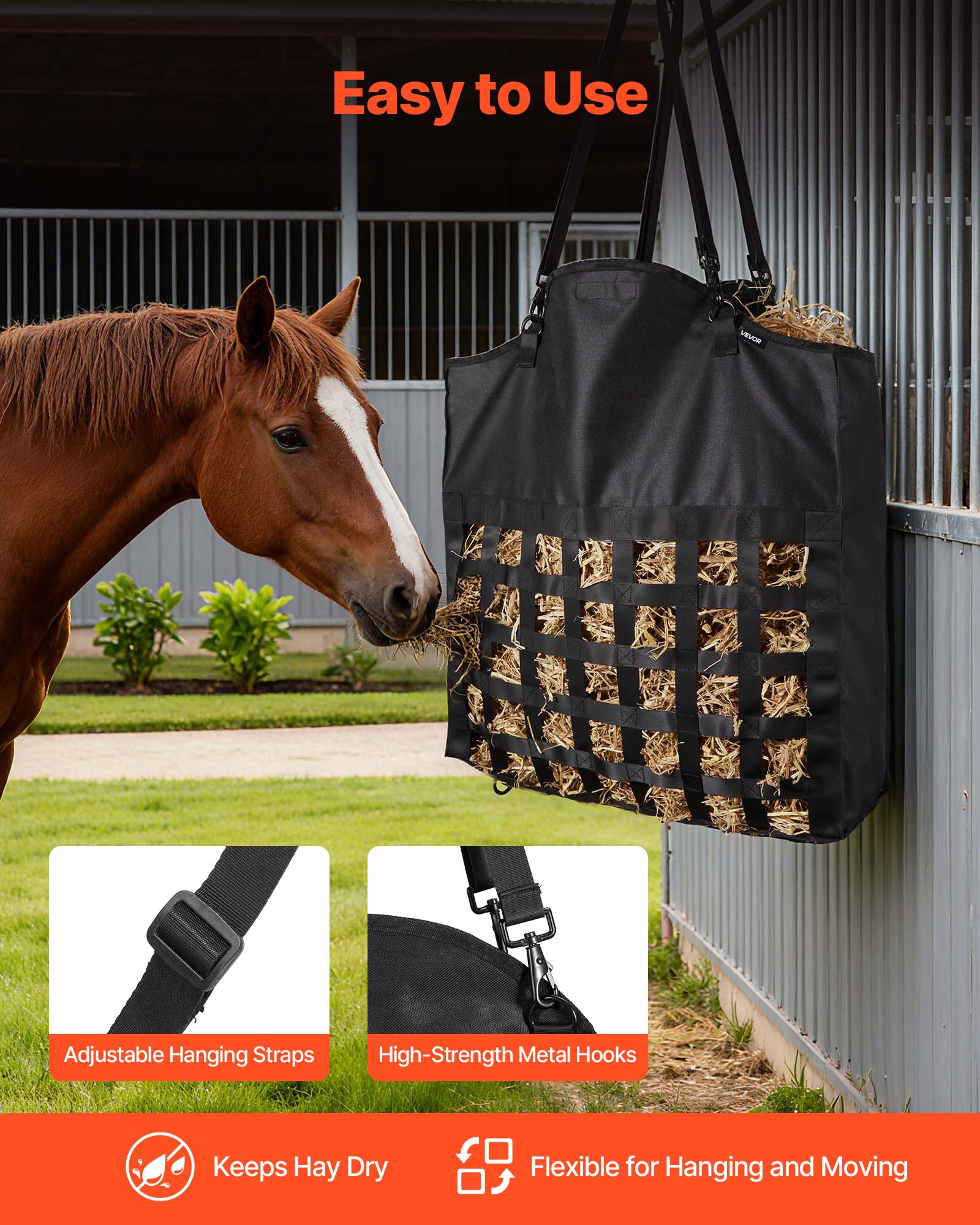 Easy to Use HHEUE Adjustable Hanging Straps High-Strength Metal Hooks Keeps Hay Dry Flexible for Hanging and Moving