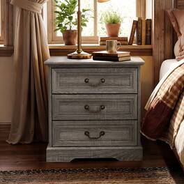 Famapy - Farmhouse 3-Drawer Nightstand with AC & USB Charging Station, Rustic Wooden Bedside Table Storage Cabinet for Bedroom - Gray